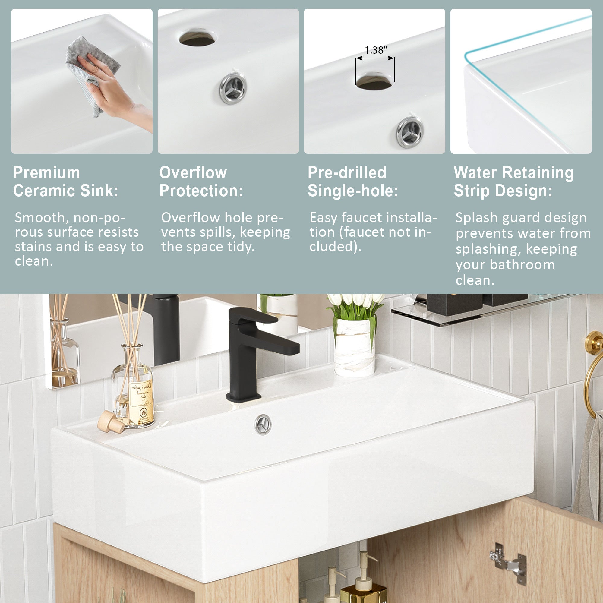 Modern Wood Bathroom Vanity with Ceramic Sink, Left Side Storage, 21.6' W x 1...