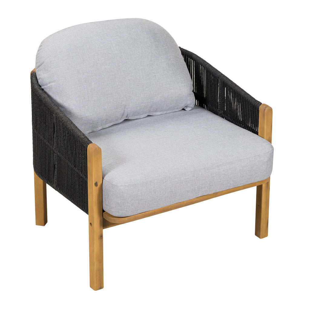 Outdoor Club Chair Acacia Wood Rope Woven Dark Gray Cushion
