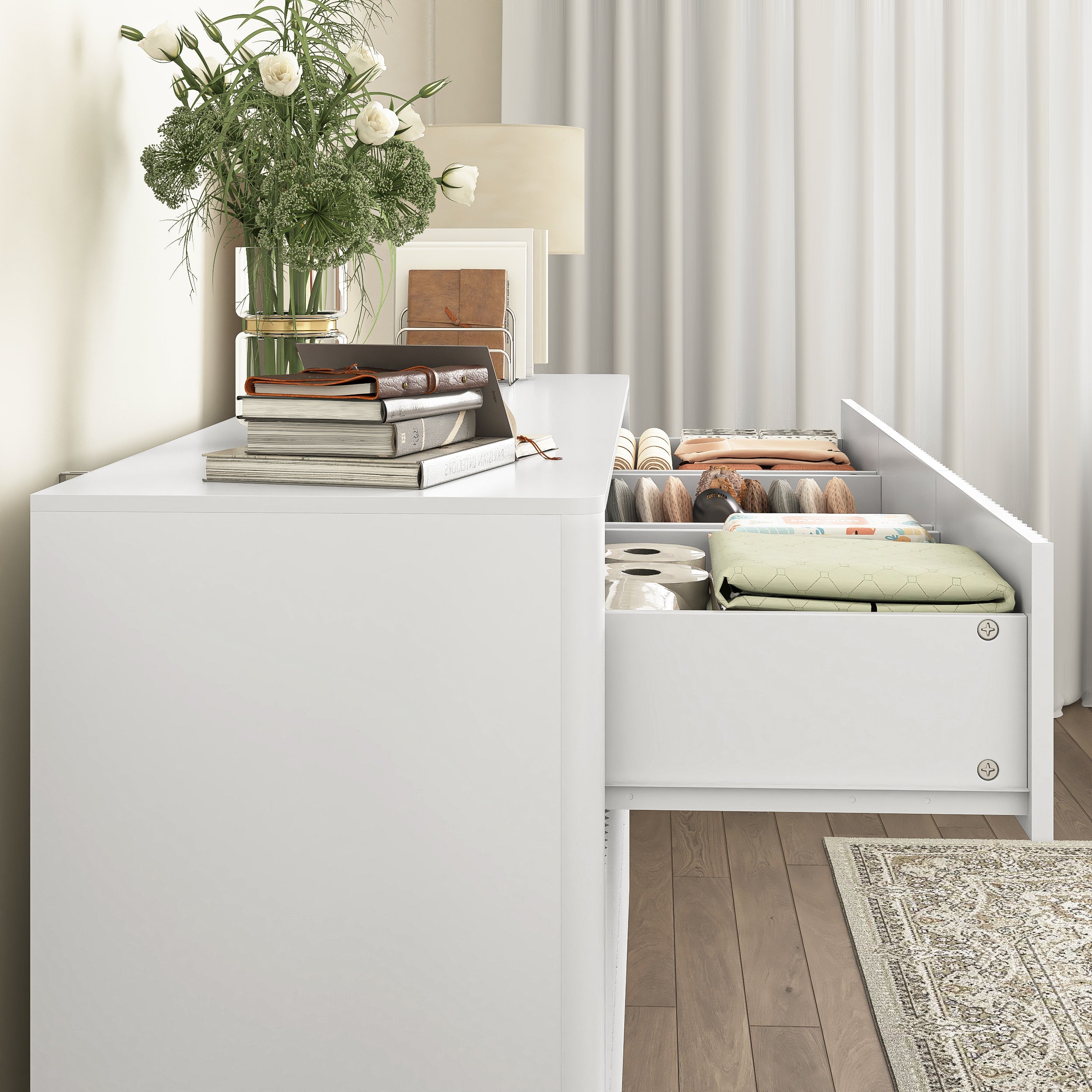 Dresser Mid-Century 9-Drawer White Wave No-Handle 59.1x15.7x31.6 In