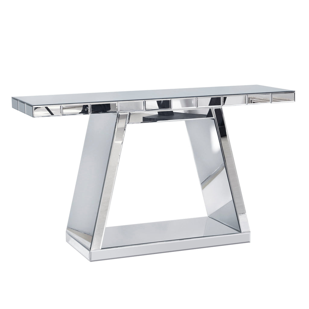 Modern Luxe Full Body Mirror Entryway Table With Trapezoid Base, 360° Reflective Console, Scratch Resistant, Open Storage - Silver