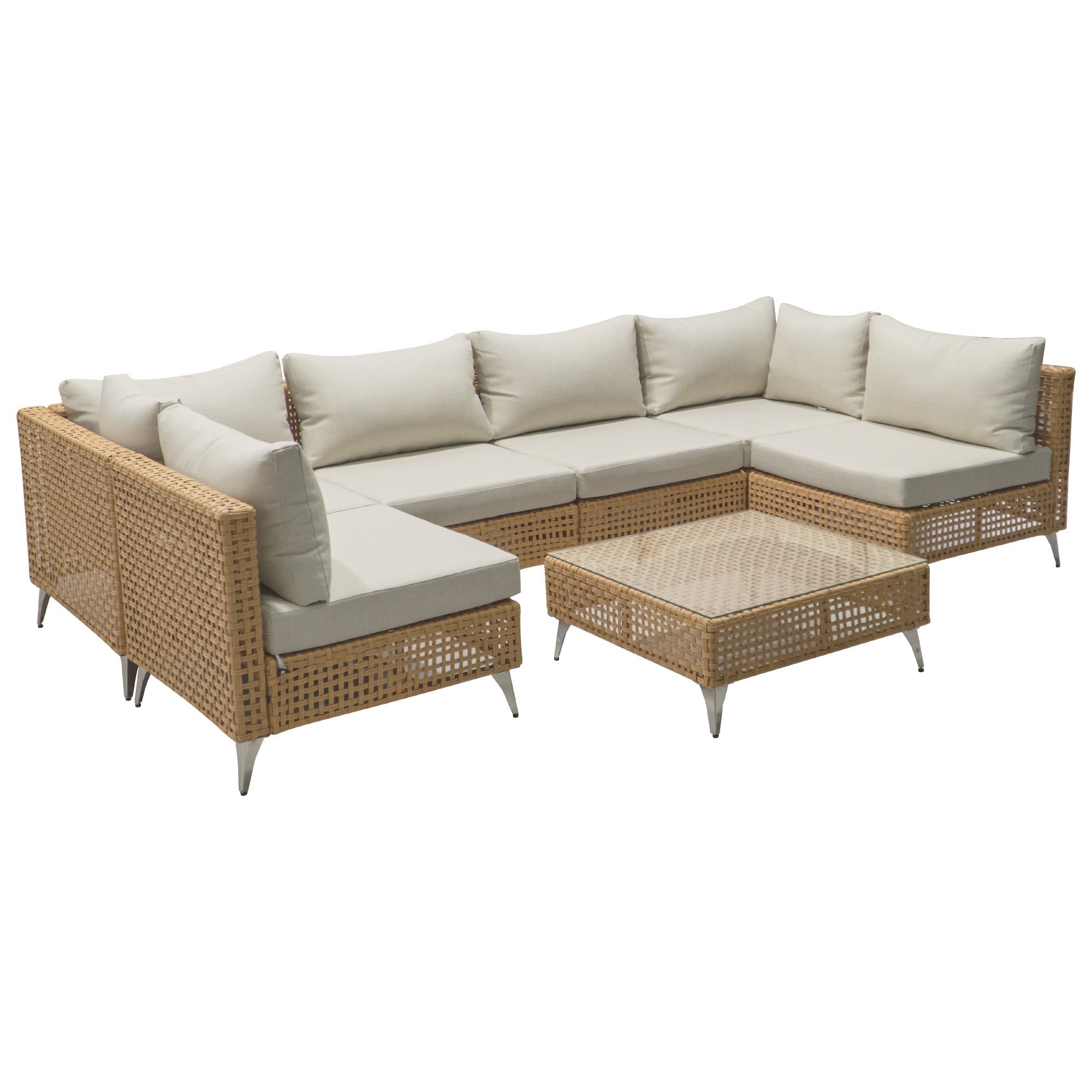 Outdoor Patio Set with Fire Pit Table Rattan Metal Beige 8 Piece