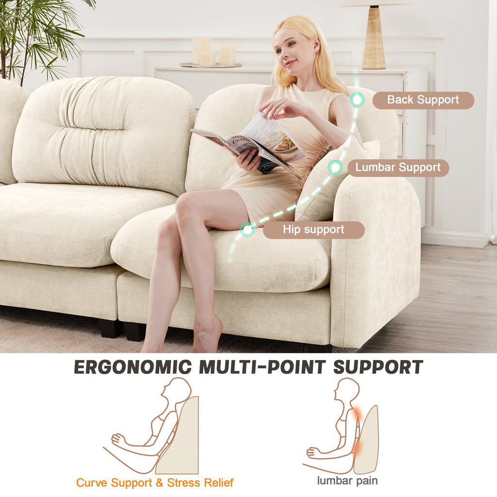 Sectional Sofa L-Shape Modular Chenille Beige 3-Seat with Ottoman