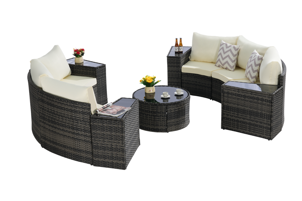 Outdoor Sectional Set PE Rattan Beige Half Moon 11pc