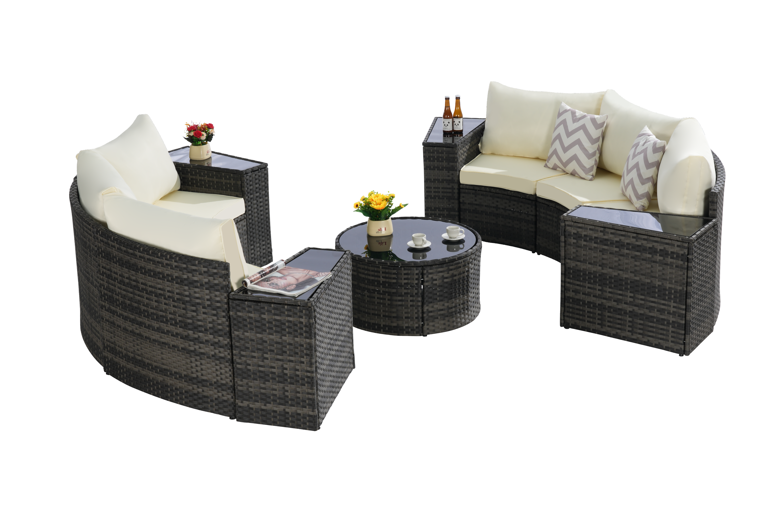 Outdoor Sectional Set PE Rattan Beige Half Moon 11pc