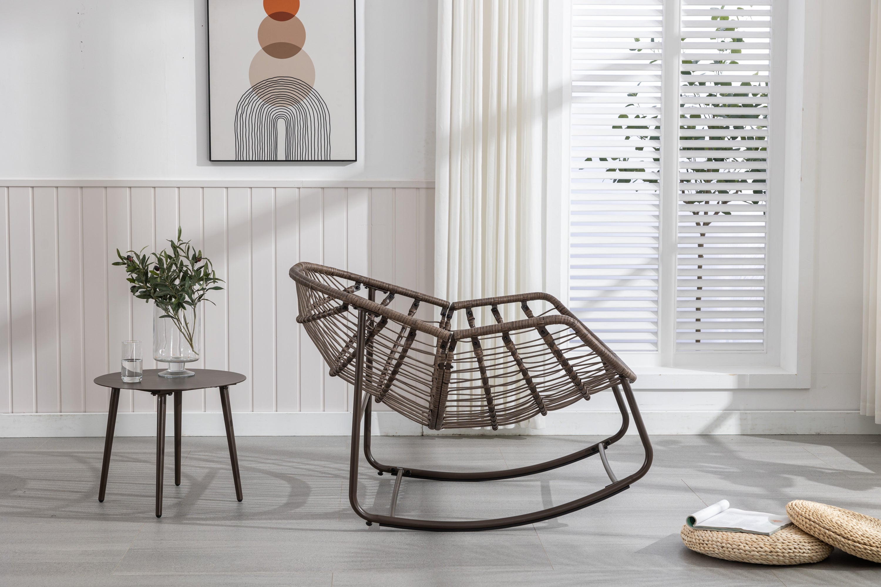 Outdoor Rocking Chair Rattan Steel White Cushion Oversized 250 LB