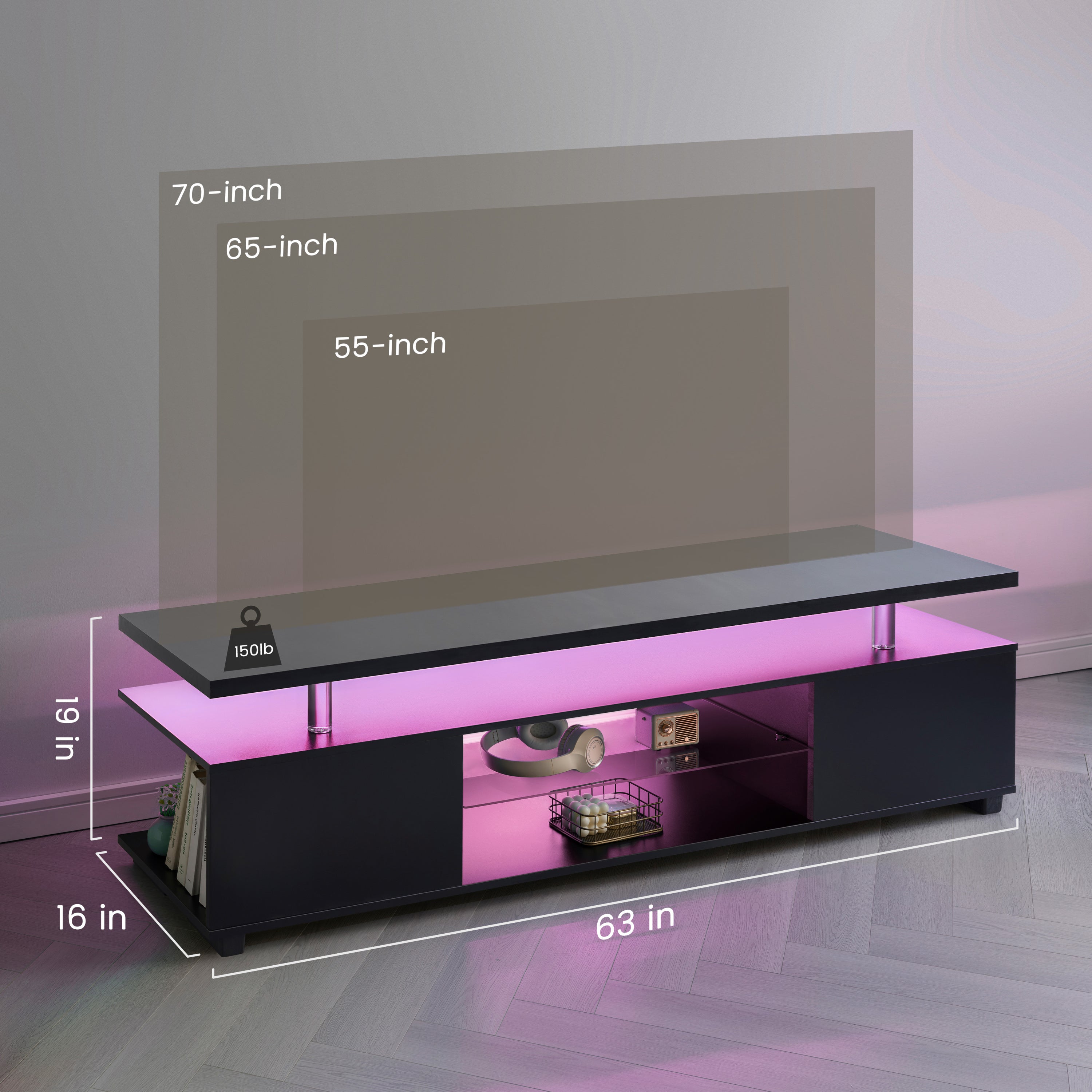 TV Stand Gaming LED Black Engineered Wood Fits 70 In TV 63x16x21 In