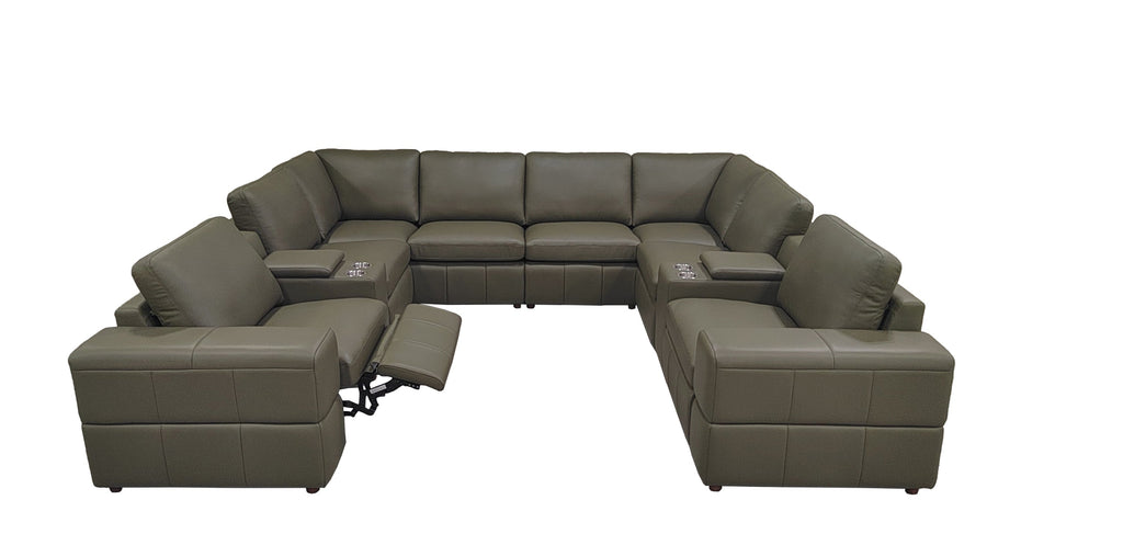 Sectional Sofa Modular Leather Match Olive 8 Seat 2 Recliners 128 In