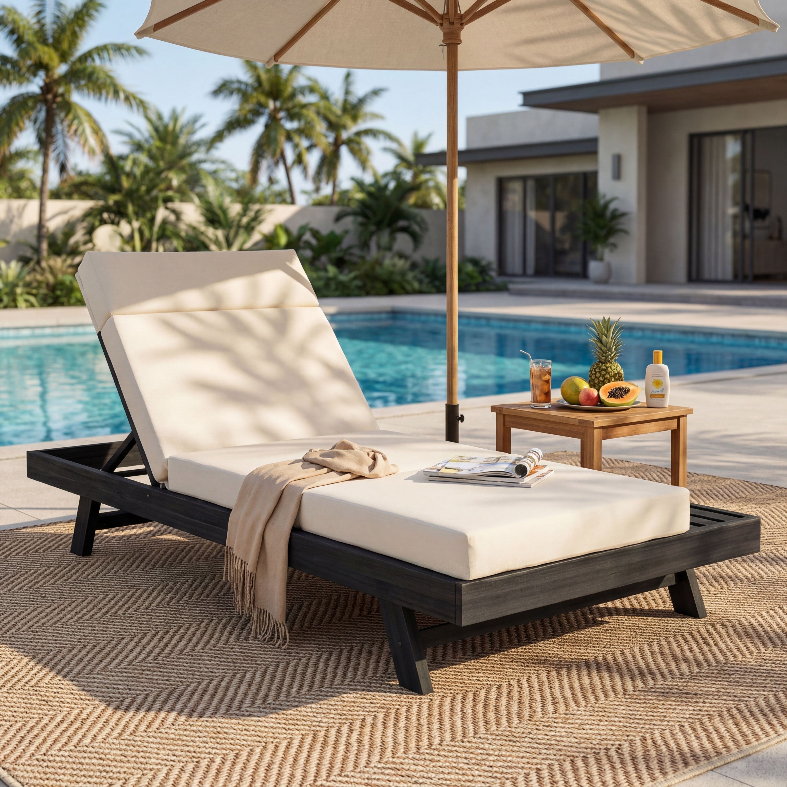 Chaise Lounge Acacia Wood Black 4-Position Cream Cushion 79in
