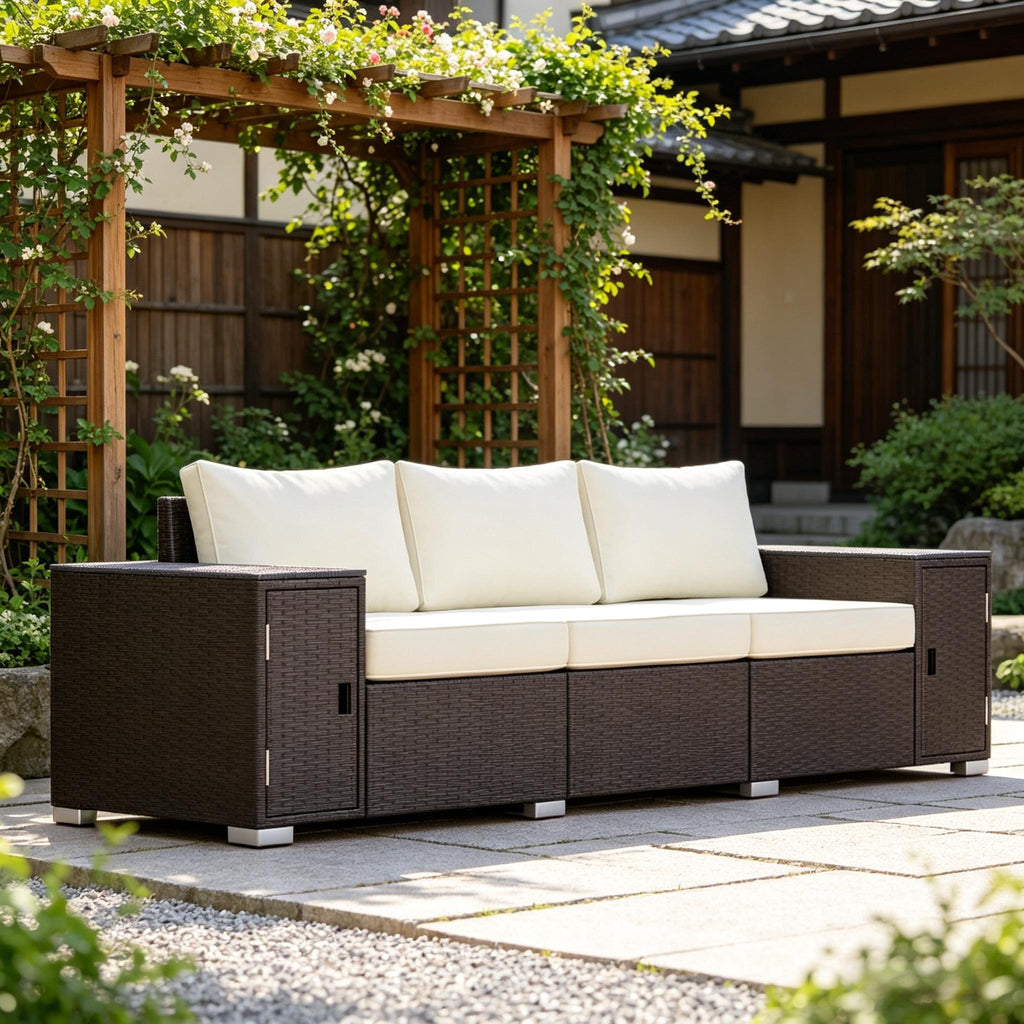 Outdoor Sofa Set Wicker Cream Brown 3 Seat Storage Armrests 794 lb Cap