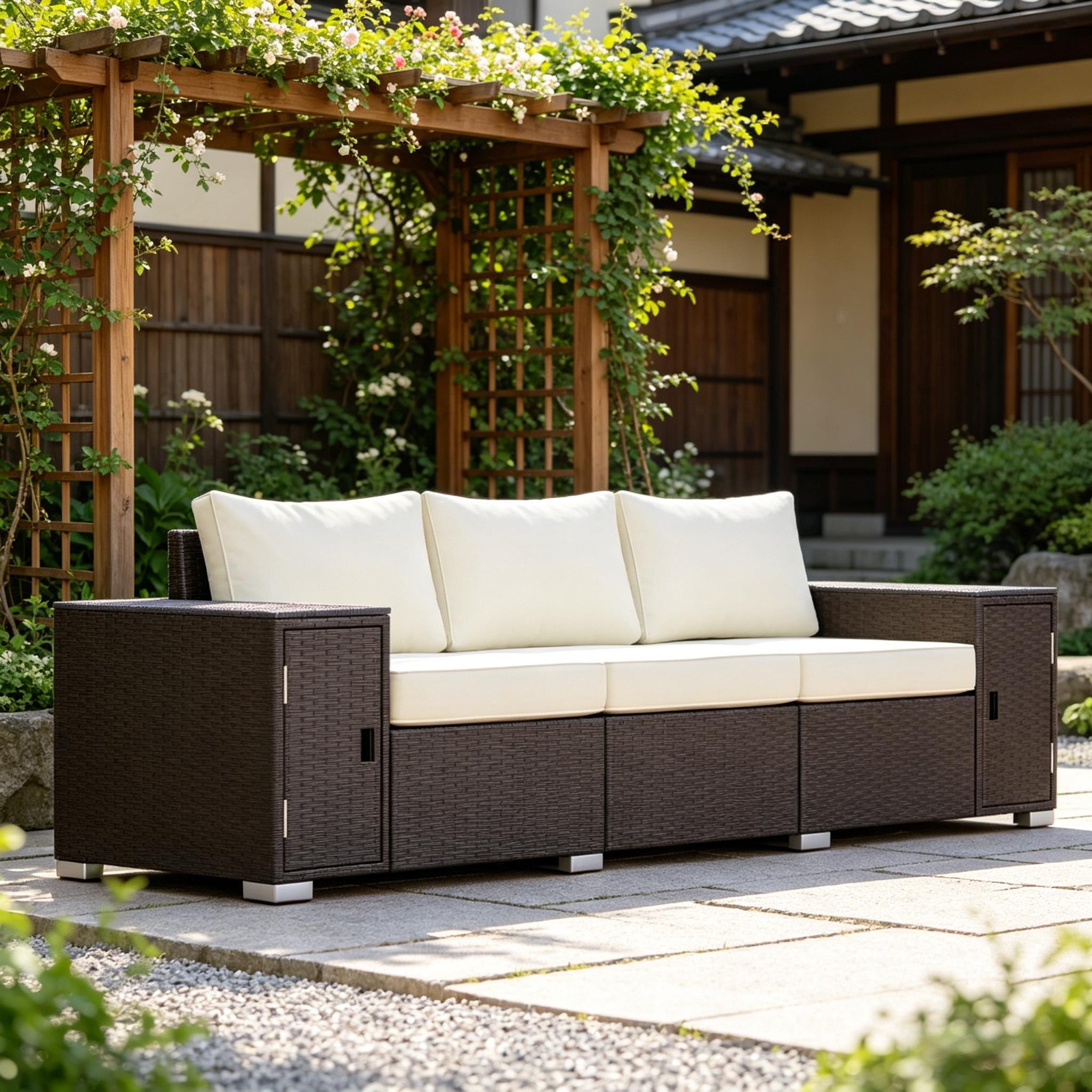 Outdoor Sofa Set Wicker Cream Brown 3 Seat Storage Armrests 794 lb Cap