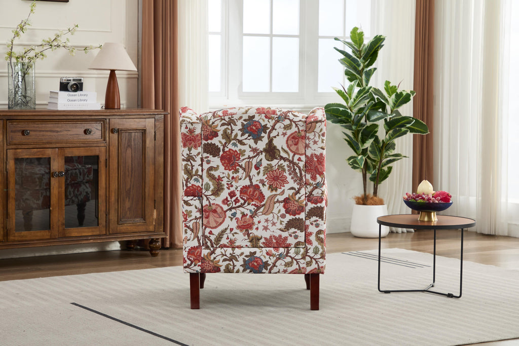 Accent Chair Wingback Linen Floral Red Pine Legs 28x30x38 In