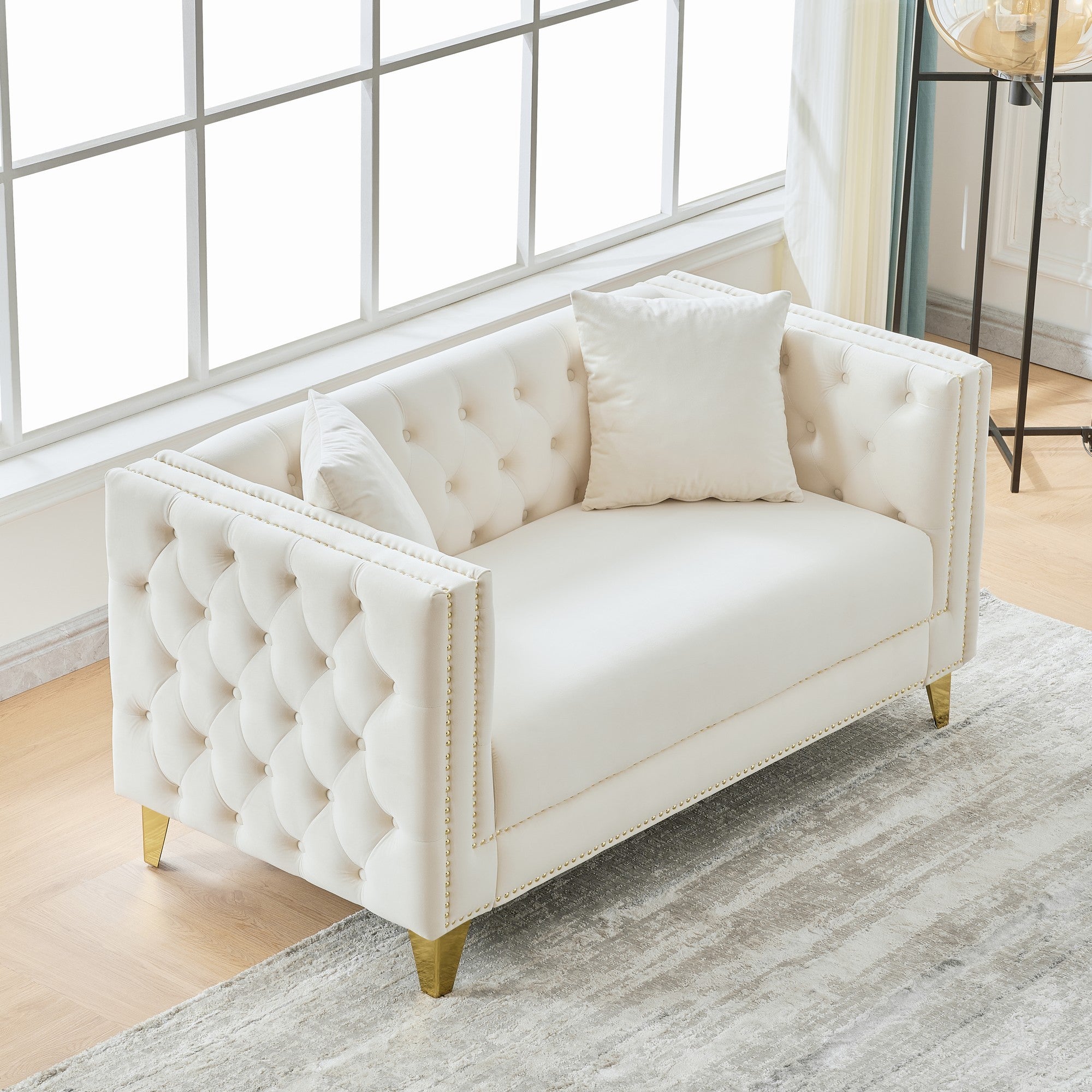Loveseat Chesterfield Velvet Beige Button Tufted Nailhead Pine Frame 58.6 In