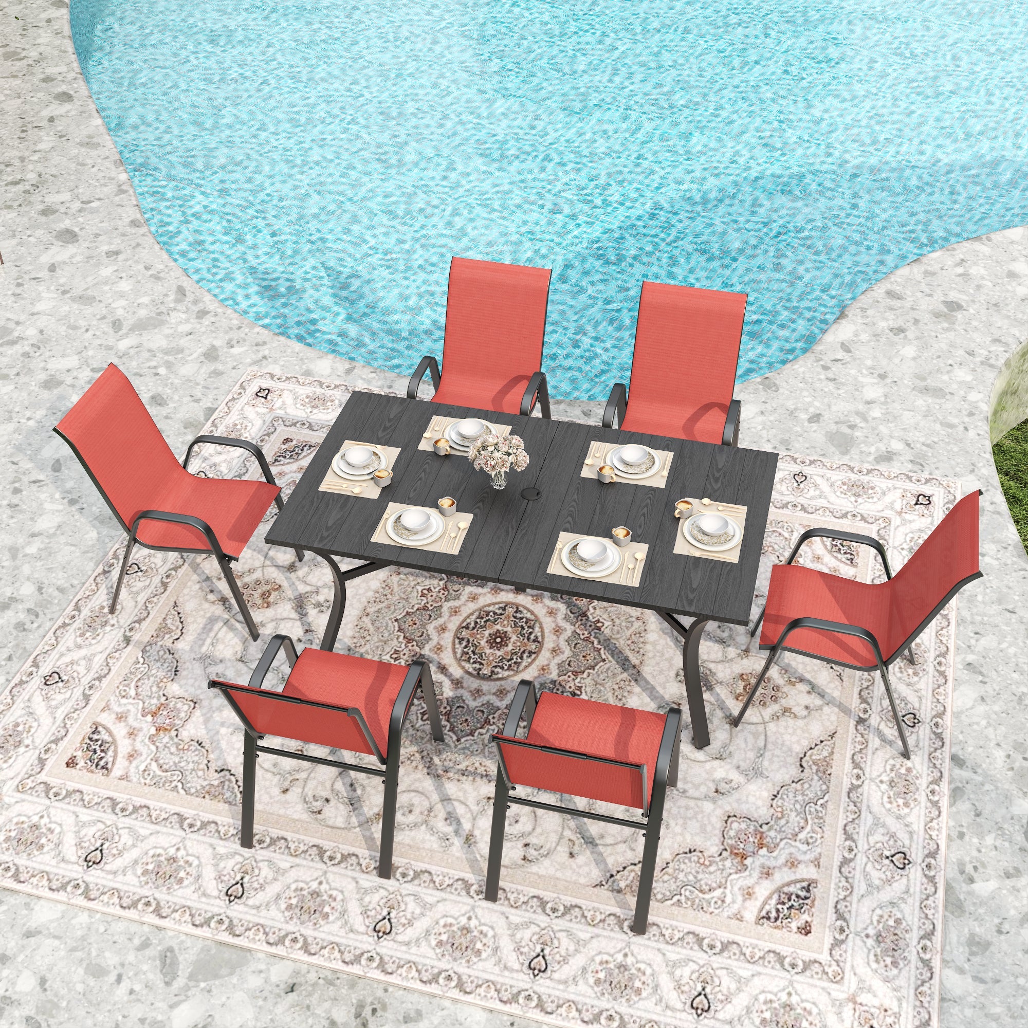 7-Piece Outdoor Patio Dining Set, 63' x 38' Rectangular Wood-Grain Metal Table