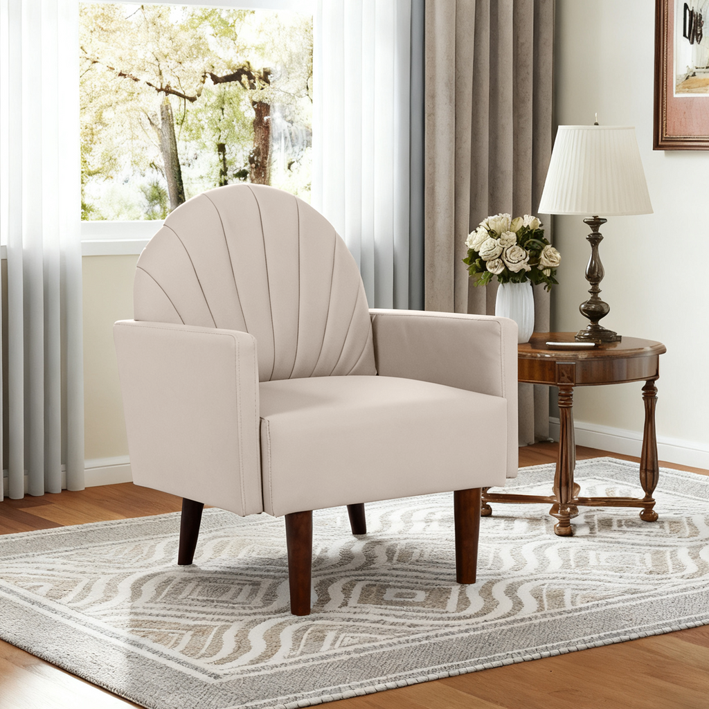 Accent Chair Shell-Shape PU Leather Khaki Solid Wood Legs Easy Assembly