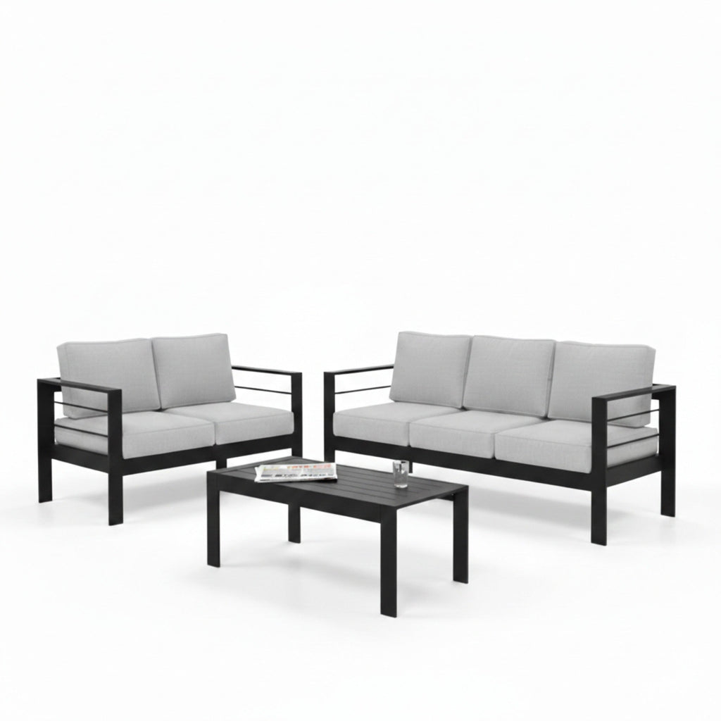 3 Piece Outdoor Patio Set Aluminum Black Gray Cushions