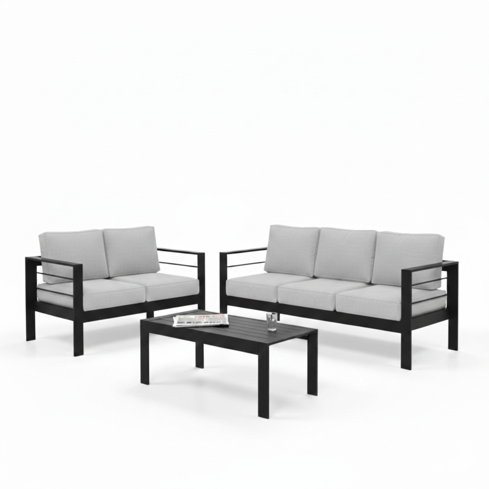 3 Piece Outdoor Patio Set Aluminum Black Gray Cushions
