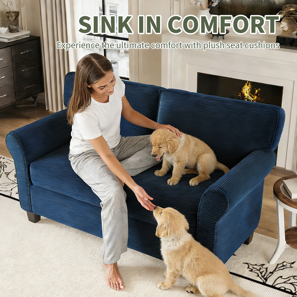 Loveseat Modern Corduroy Blue Removable Cushions Padded Arms 57 In 375 LB