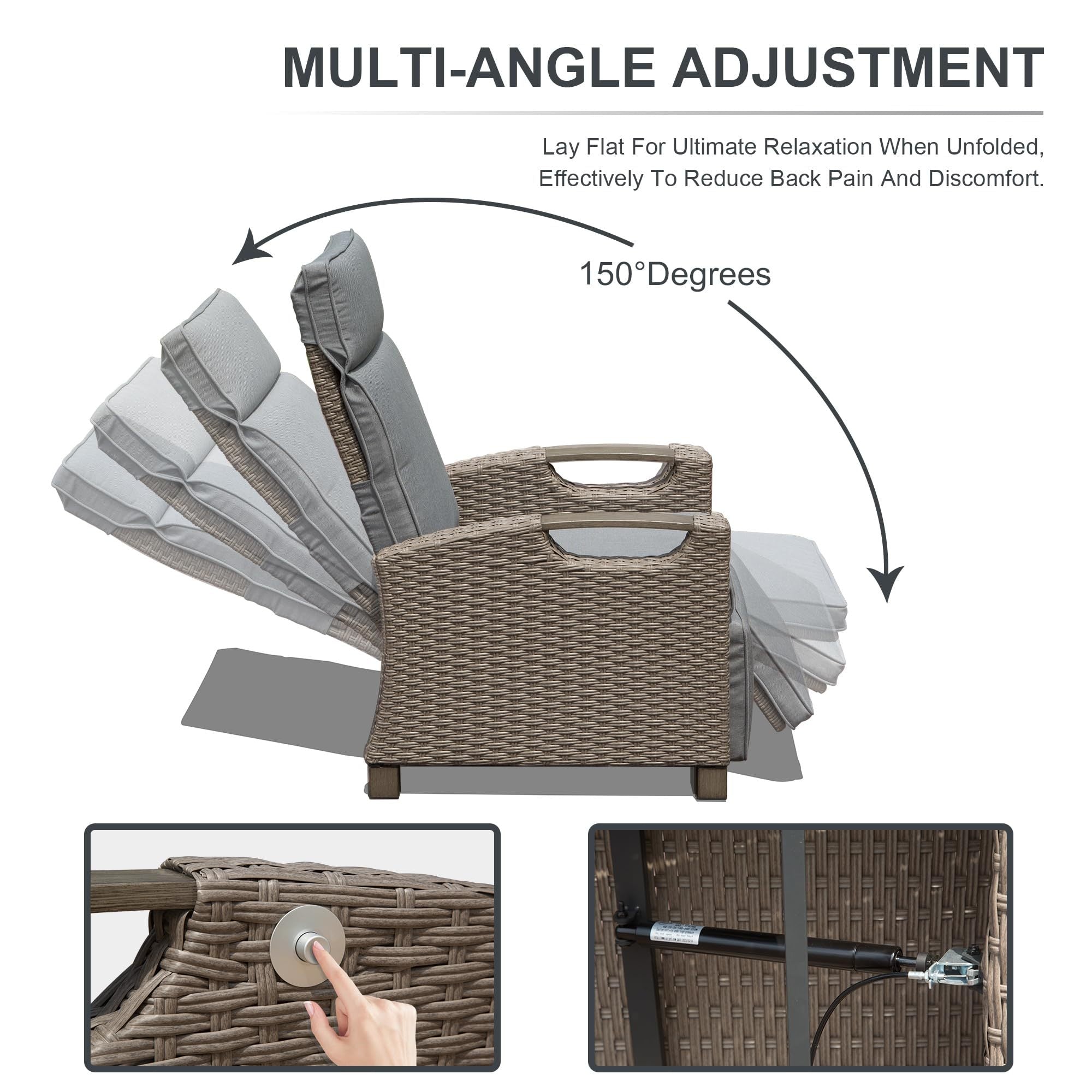 Outdoor Recliner Chair Wicker Gray Adjustable 150 Degree Flip Table