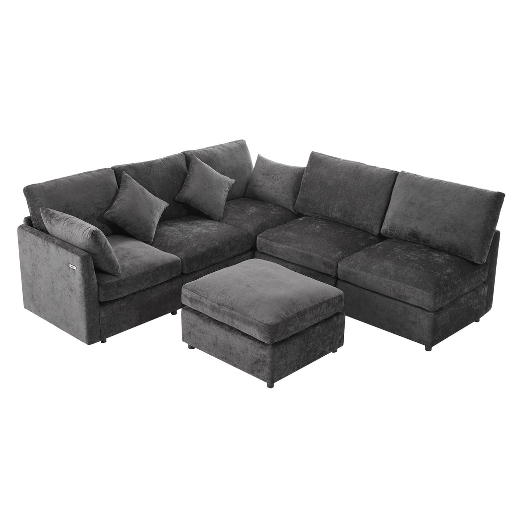 Sectional Sofa U-Shape Modular Chenille Black 5-Seat USB Ports 86.6x61.4 In