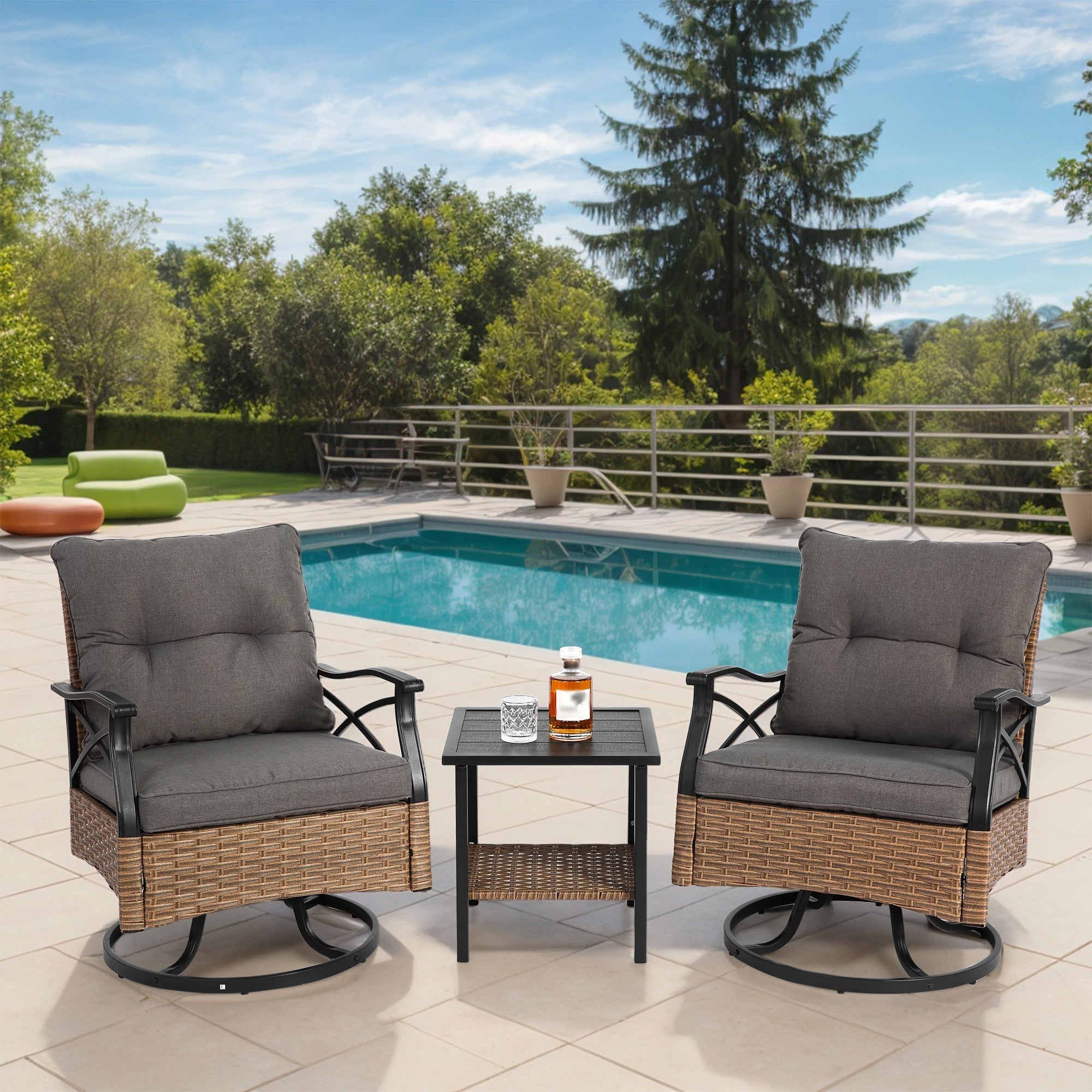 Outdoor Patio Set PE Rattan Steel Brown Swivel Rocker 3 Piece 350 LB