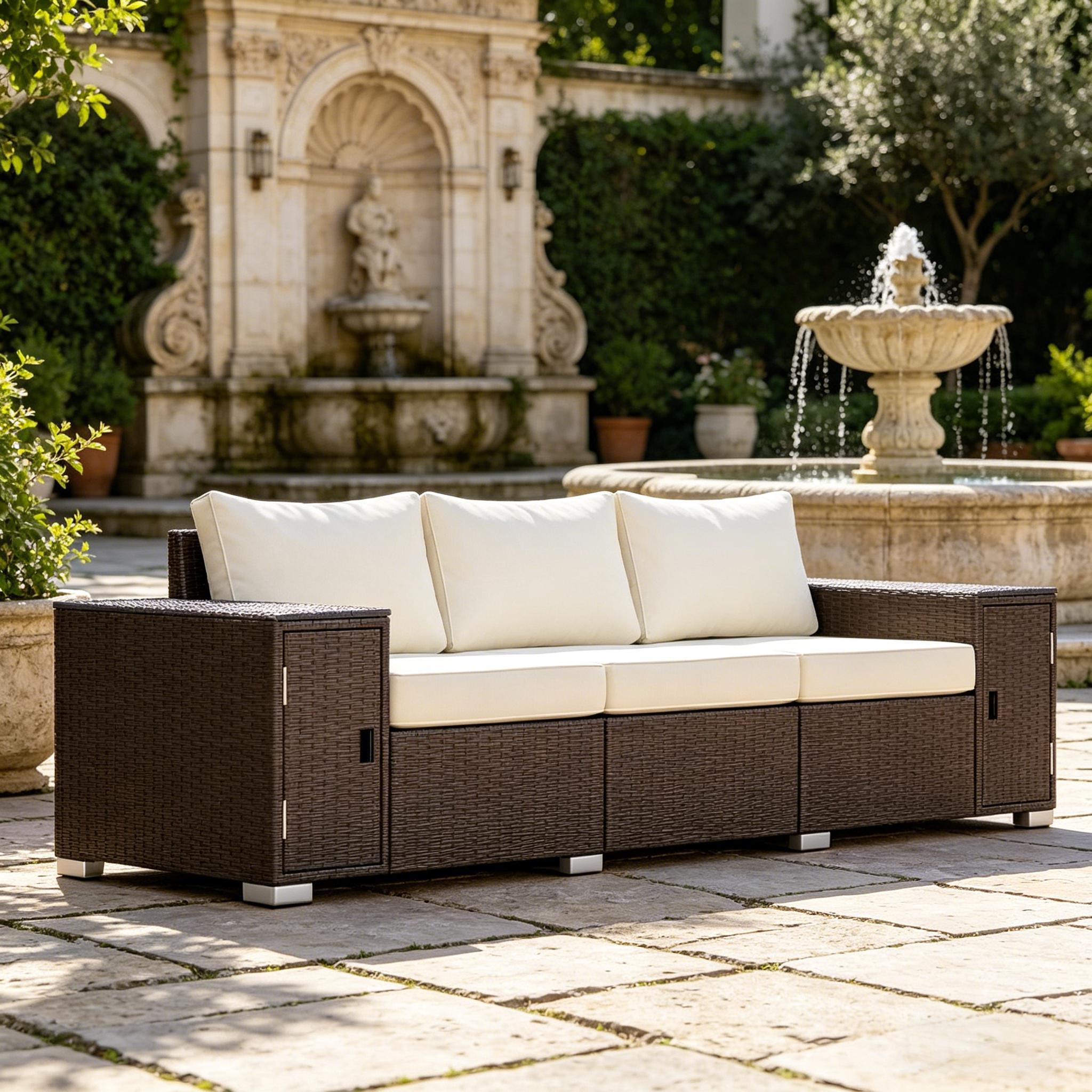 Outdoor Sofa Set Wicker Cream Brown 3 Seat Storage Armrests 794 lb Cap