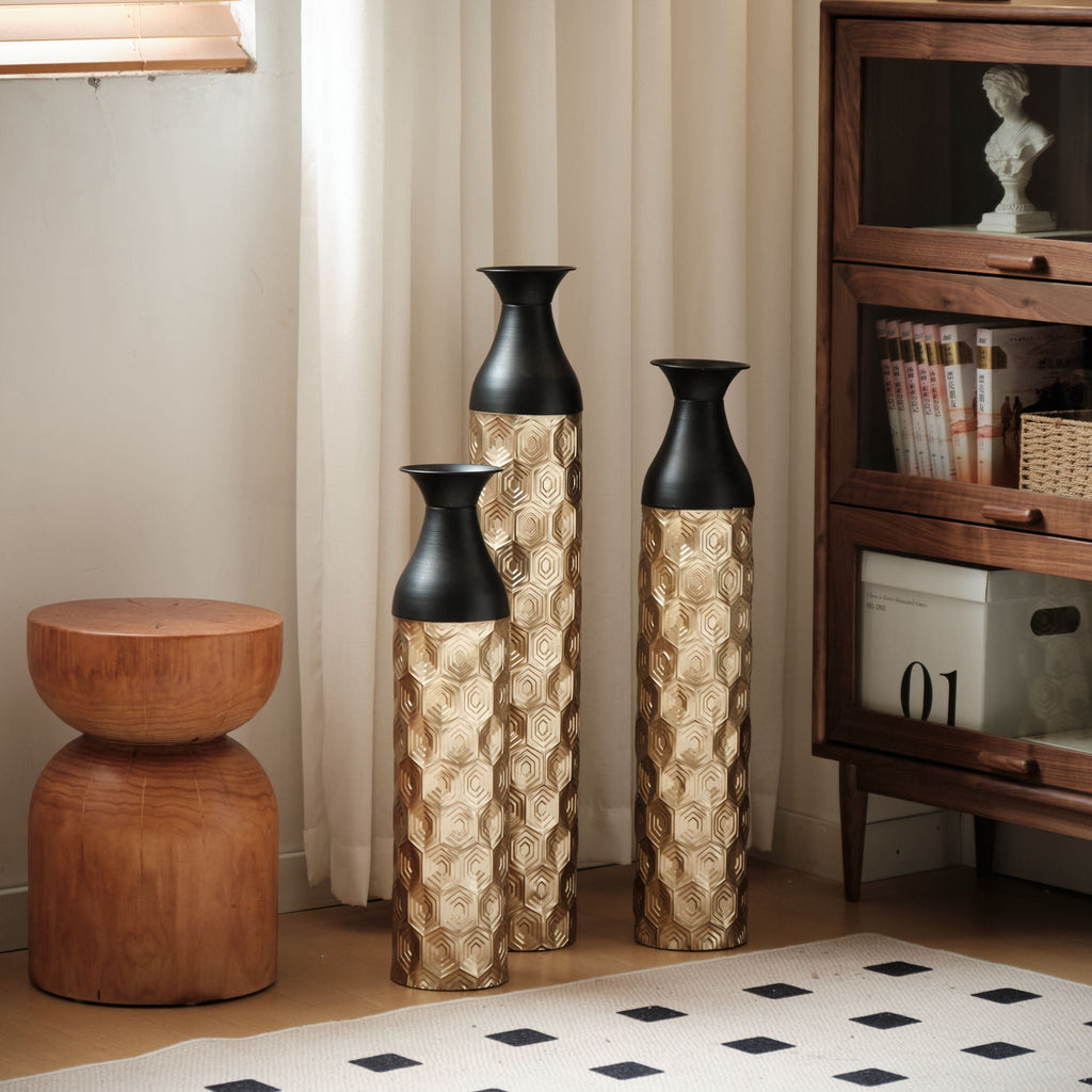 Floor Metal Vases (Set of 3) Gorgeous Home Decoration Large Glazed Metal Vases - Black / Gold