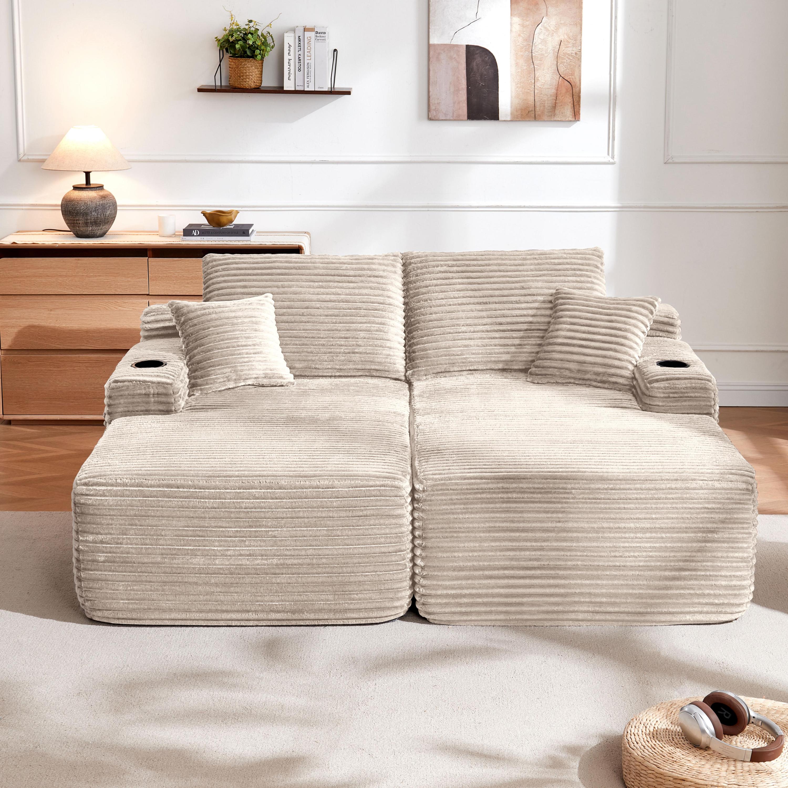 Sectional Sofa L-Shape Plush Beige 69" Double Chaise