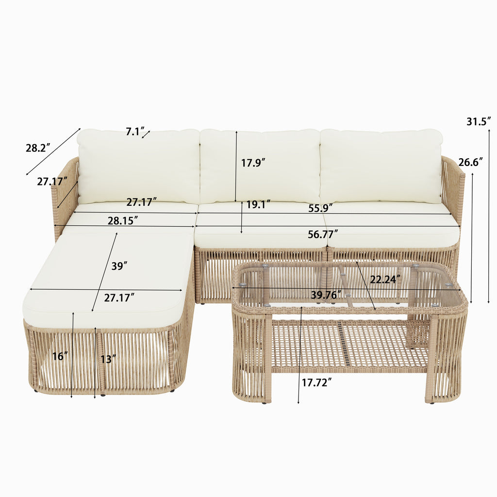 Outdoor Patio Set PE Rattan Iron Dark Beige Modular Glass Table