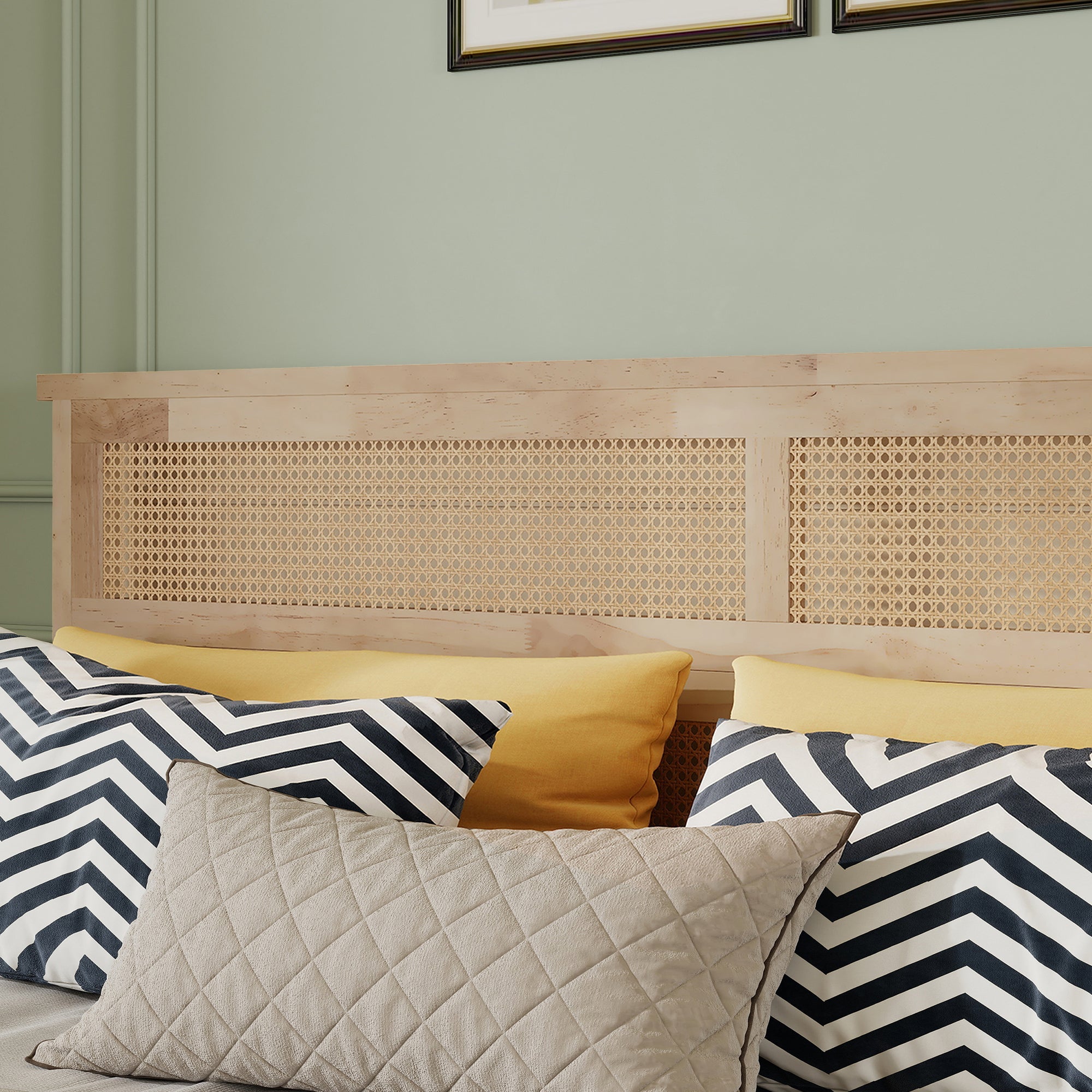 King Size Solid Wood Bed with Rattan Headboard, Rubber Wood Bed with Central
