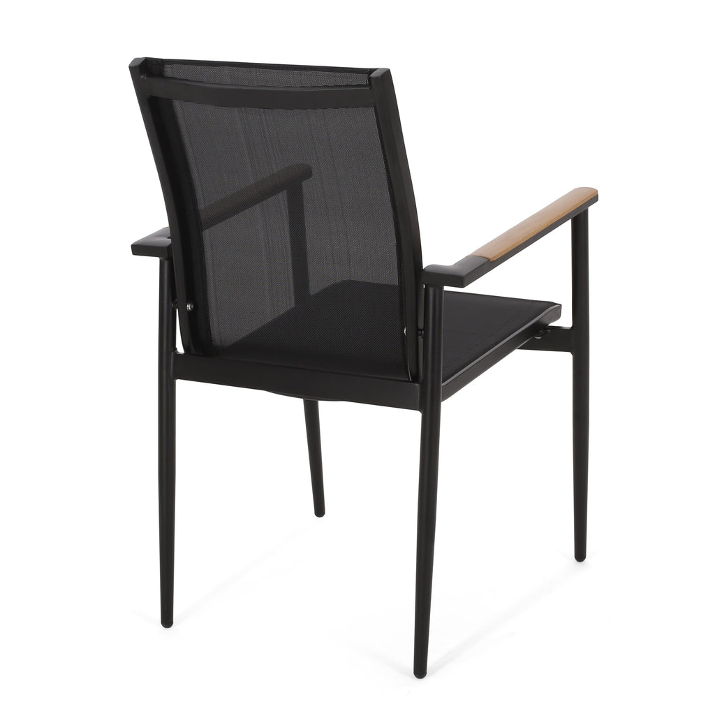 Dining Chair Outdoor Aluminum Mesh Black Natural Faux Wood Accent 22x25x36 In
