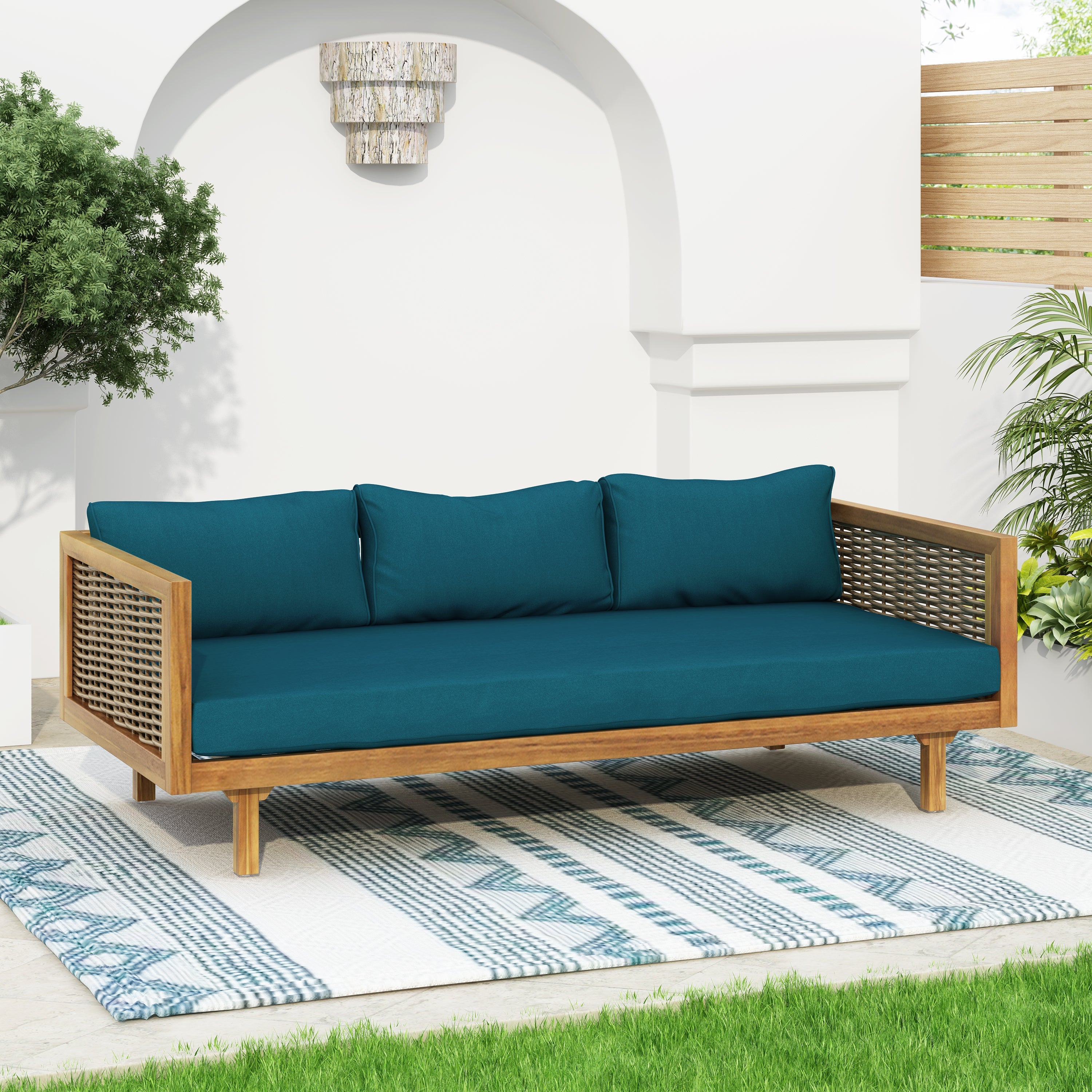 Outdoor Patio Set Acacia Wood Wicker Teak Dark Teal Daybed 2 Piece 600 LB