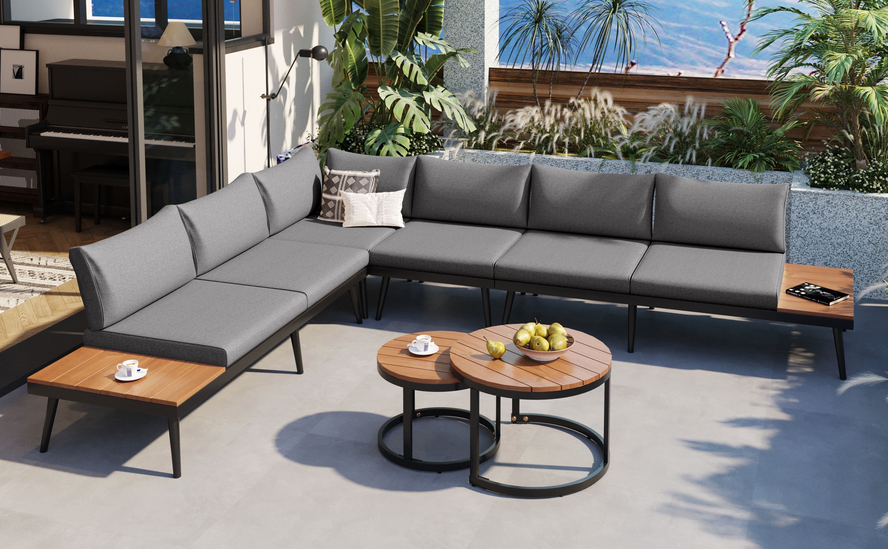 Outdoor Sectional Set Acacia Wood Steel Gray with Nesting Tables