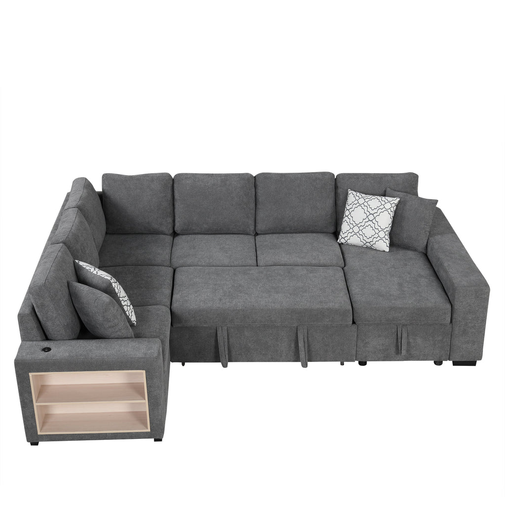 Sectional Sofa U-Shape Chenille Gray 5 Seat USB Ports Pull-Out 109 In
