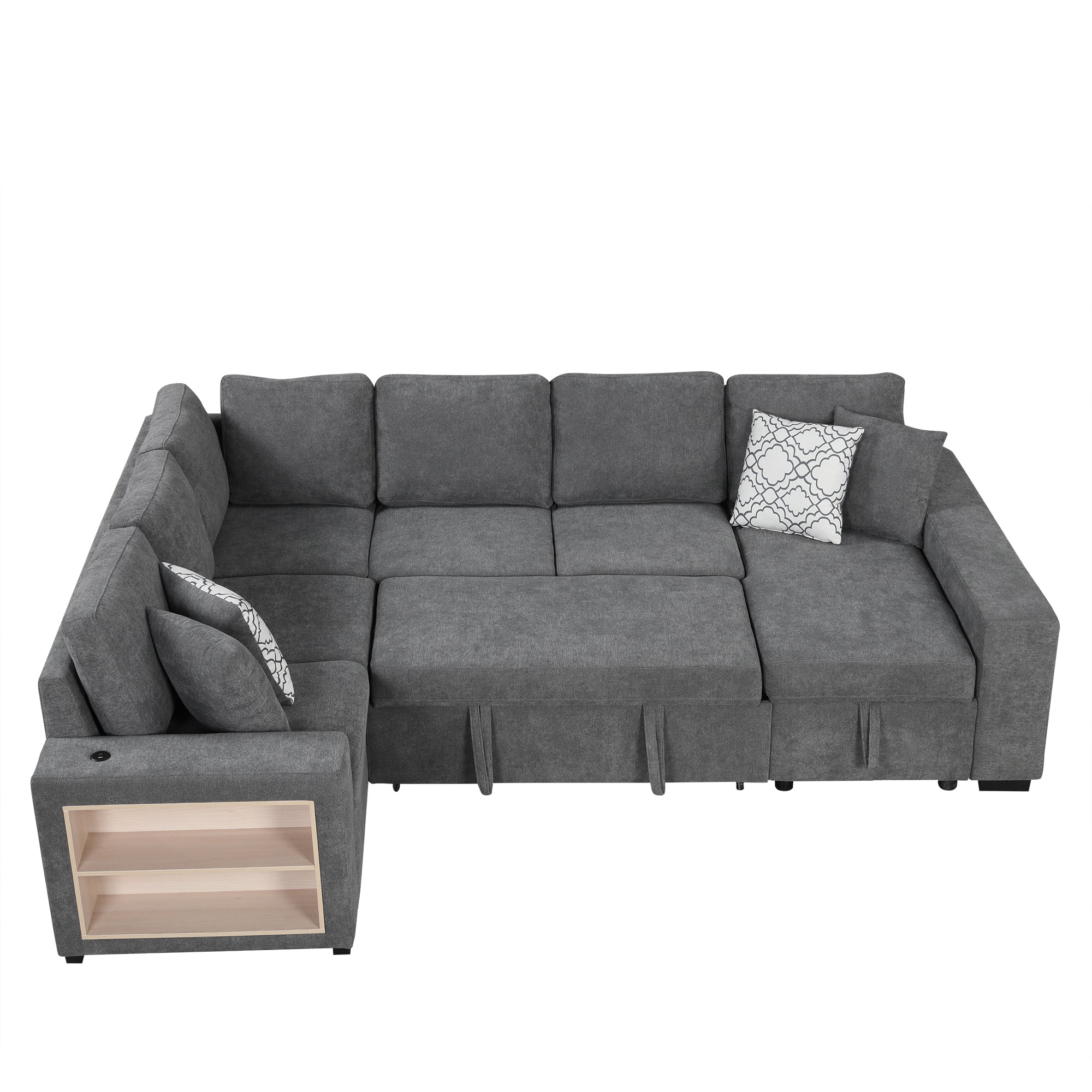 Sectional Sofa U-Shape Chenille Gray 5 Seat USB Ports Pull-Out 109 In