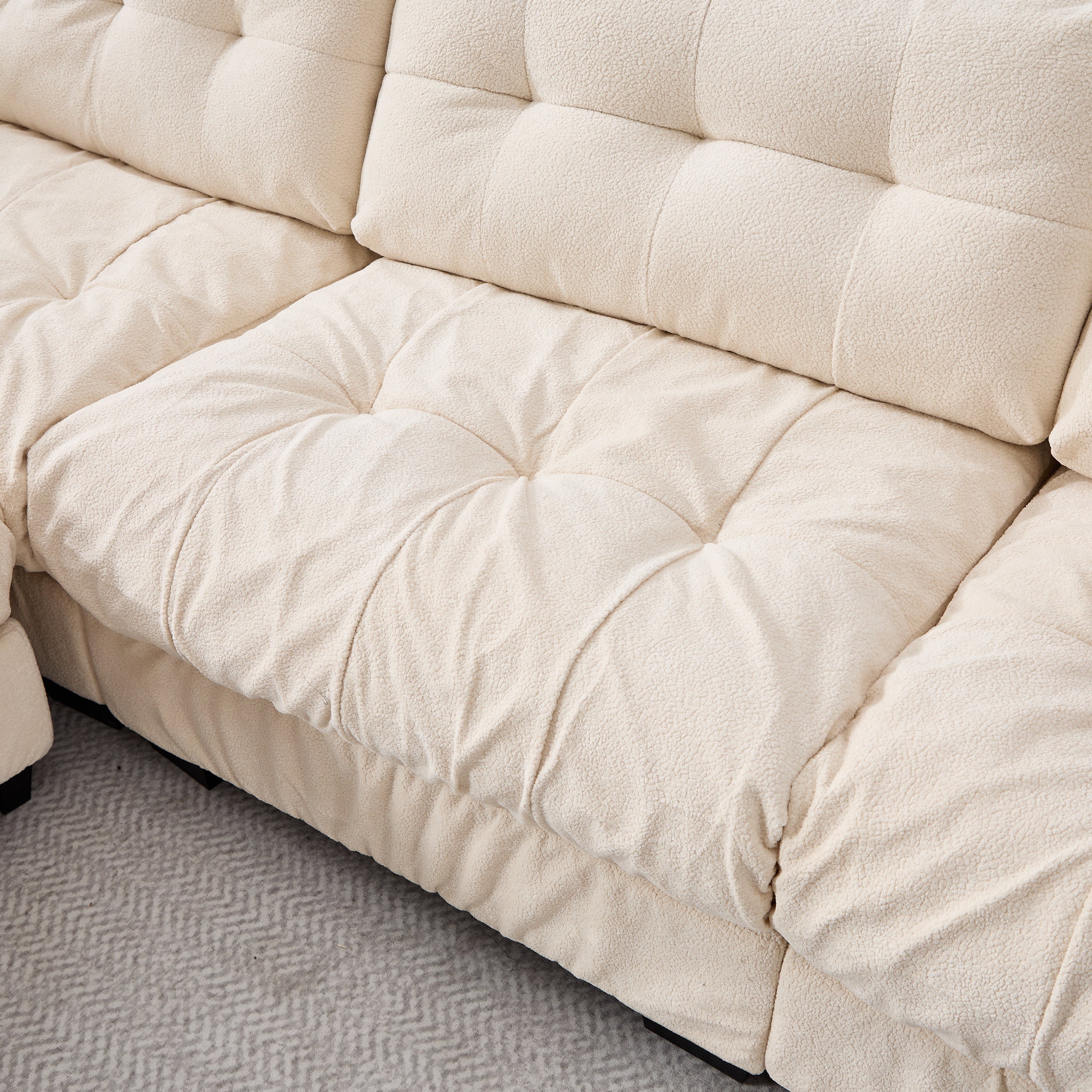 Sectional Sofa L-Shape Flannelette Beige 4 Seat Ottoman 123 In Deep Seat