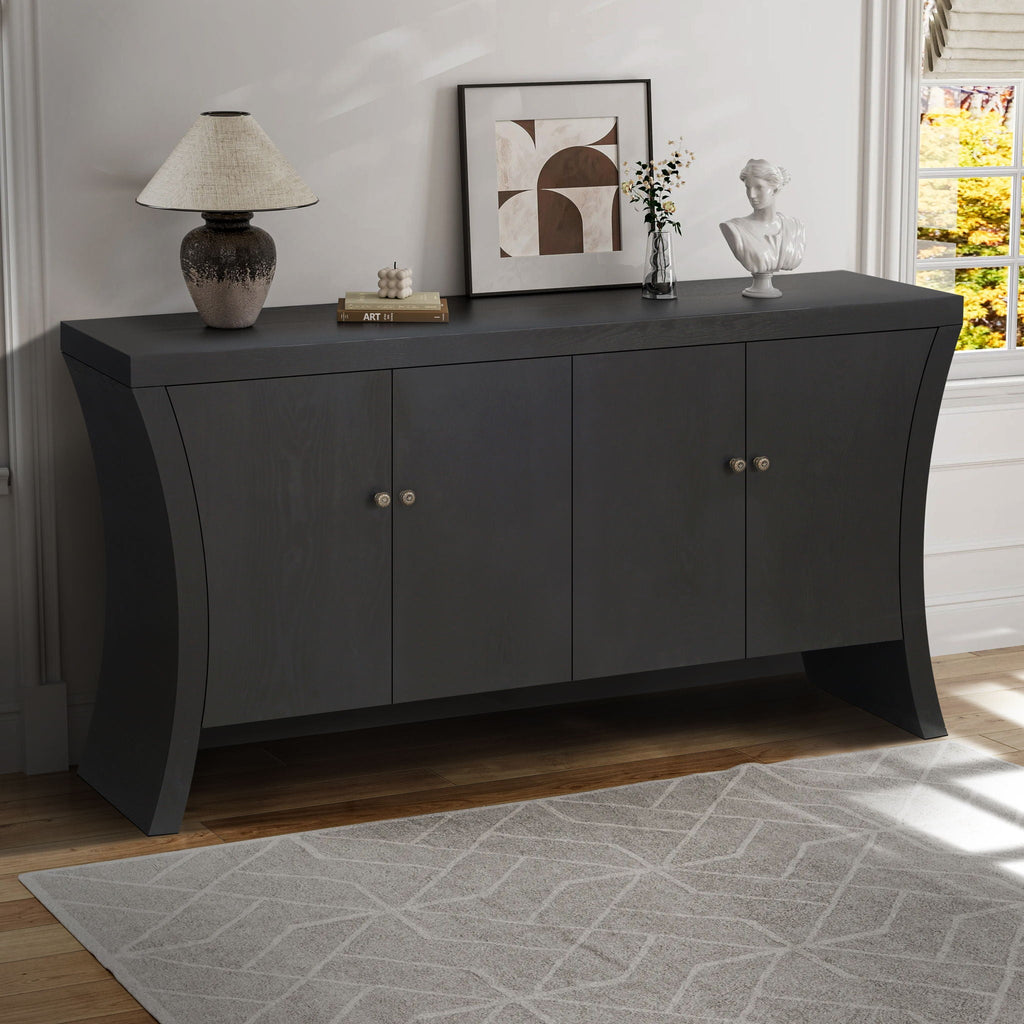 Refined Industrial 4 Door Credenza With Arc Legs & Clasps