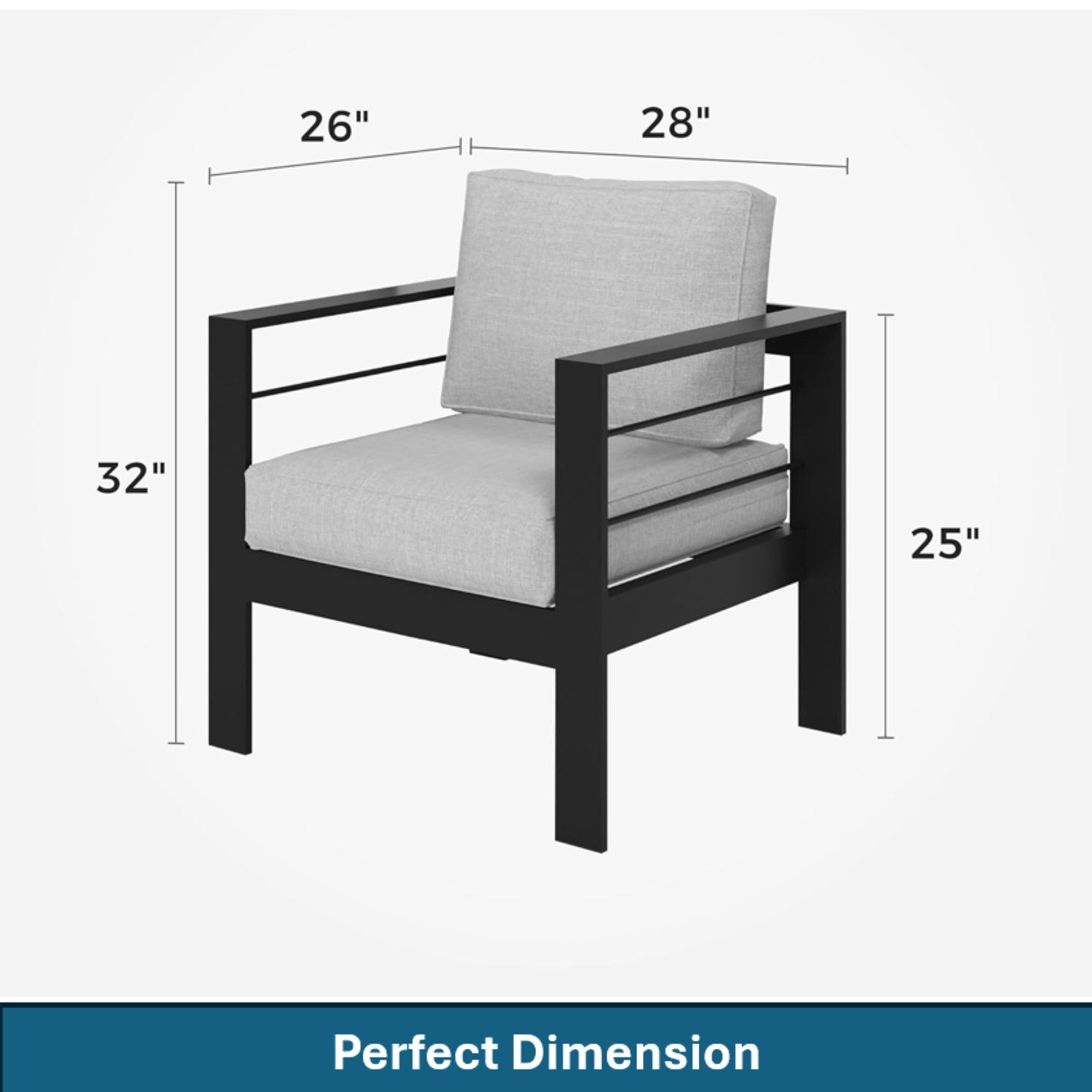 Outdoor Armchair Aluminum Black Gray Cushion 300 lb Set of 2 28in Wide