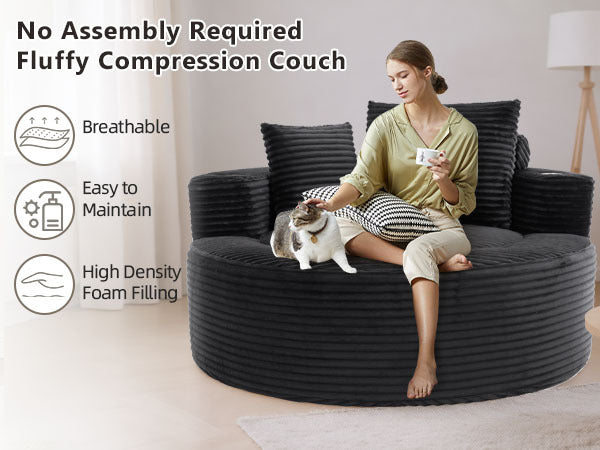 55" Round Memory Foam Velvet Sofa Bed with Cup Holder