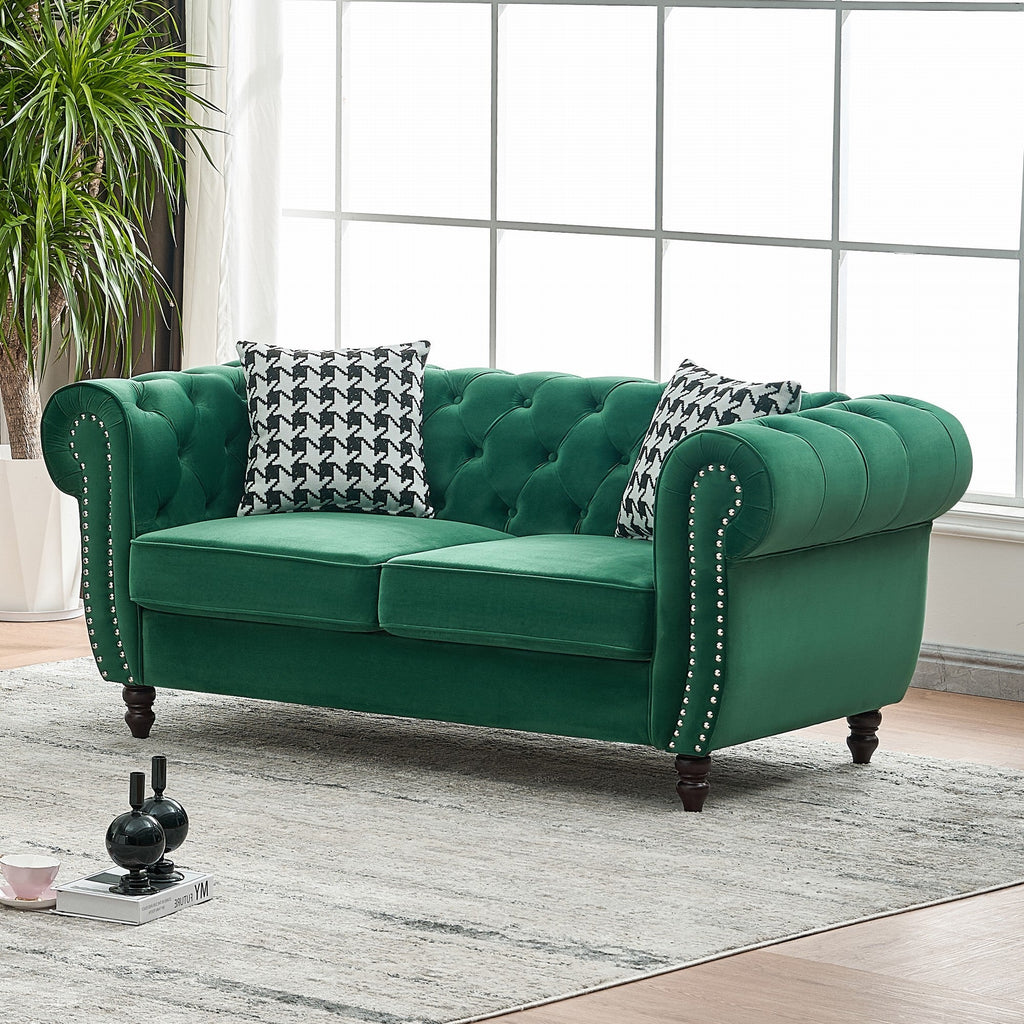 Loveseat Chesterfield Velvet Green Mid-Century Nailhead Rolled Arms 67 In
