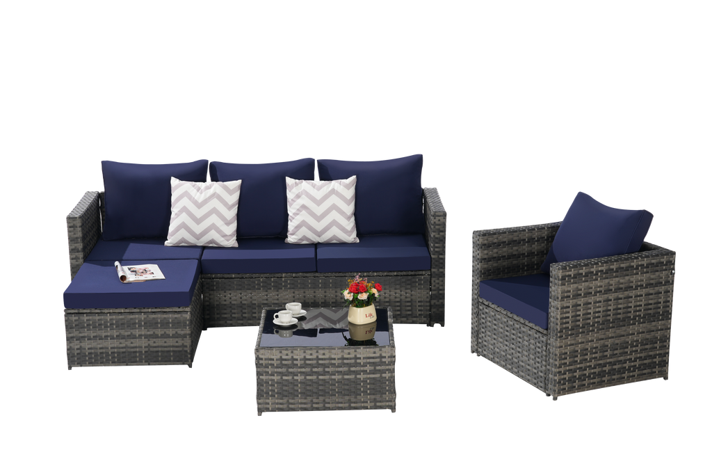 Outdoor Sectional Set PE Rattan Steel Dark Blue 4 Piece Seats 6 380 LB