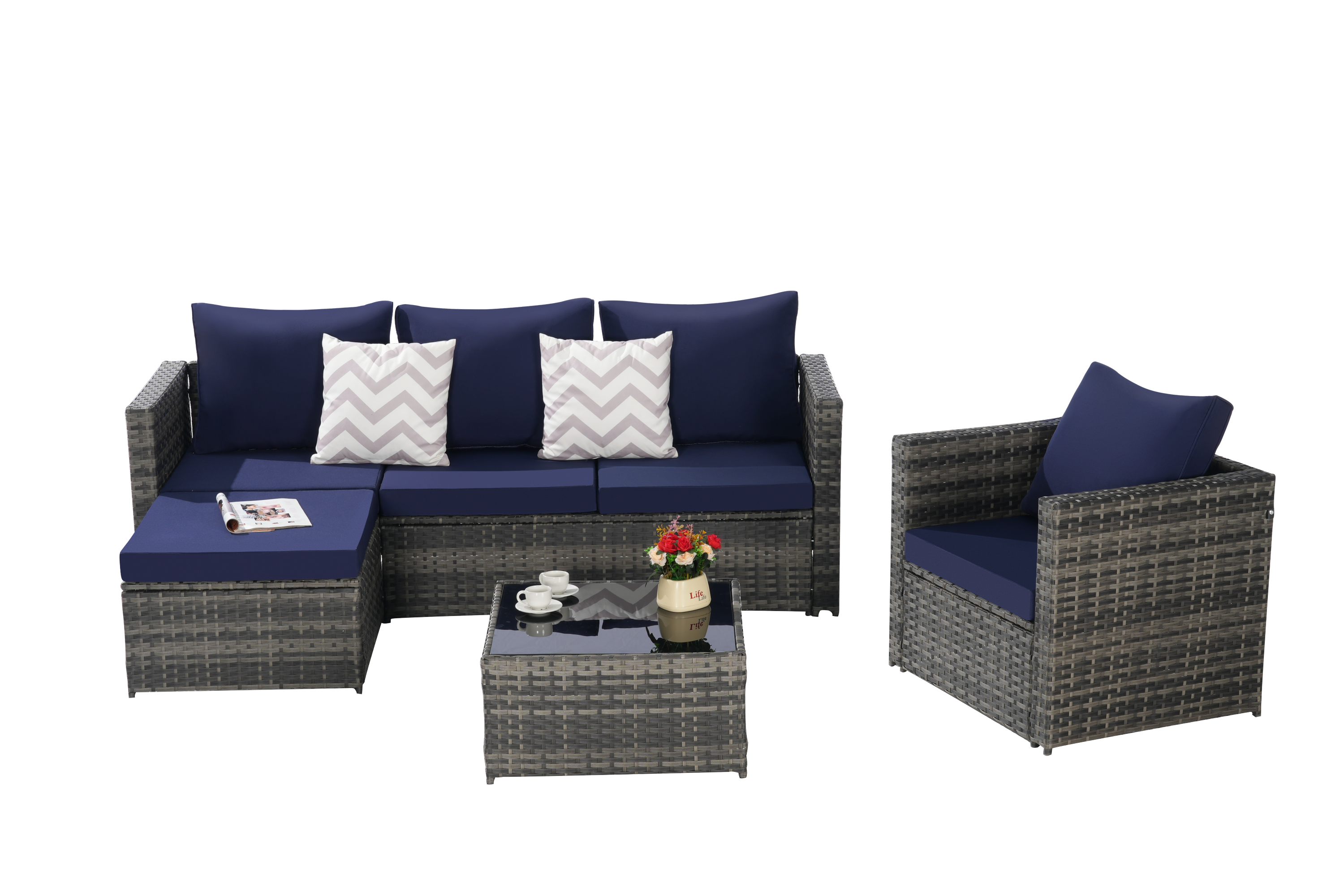 Outdoor Sectional Set PE Rattan Steel Dark Blue 4 Piece Seats 6 380 LB