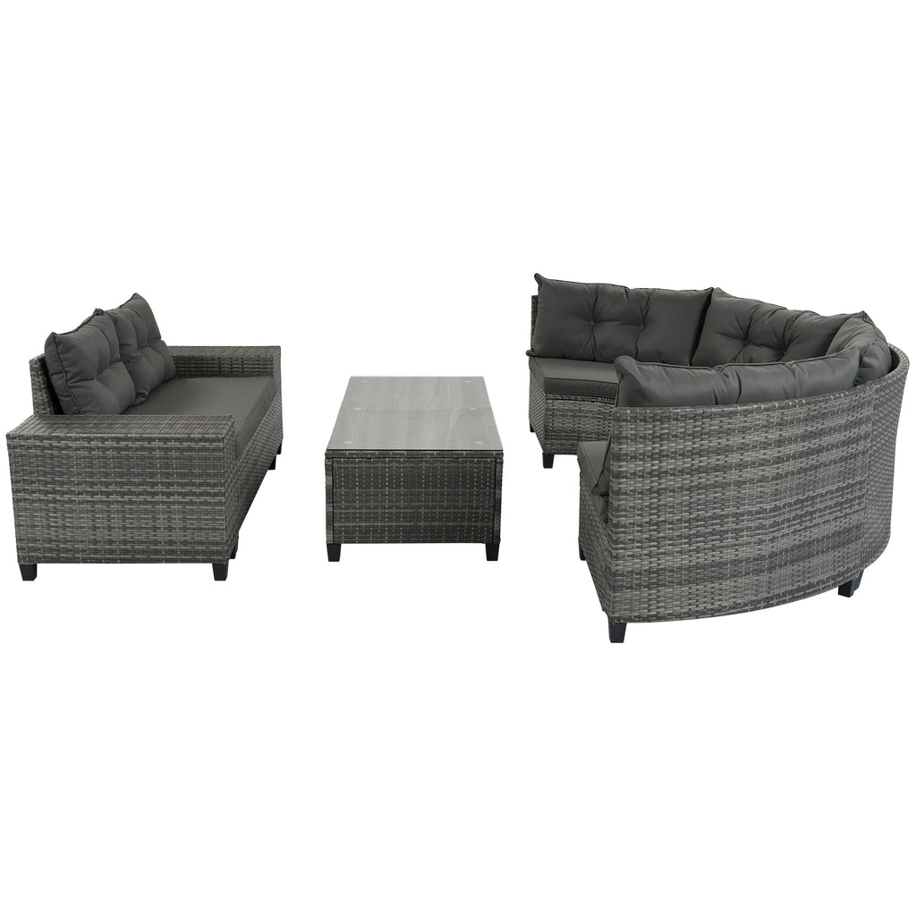 Outdoor Sectional Set PE Wicker Steel Gray Half Moon 8 Piece 250 LB