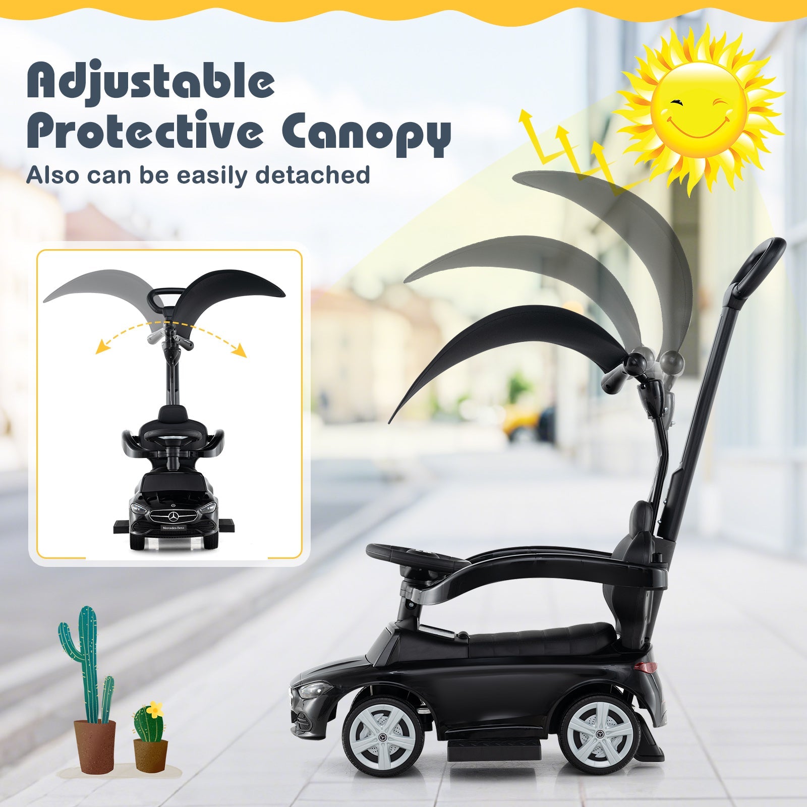 3-in-1 Ride on Push Car Mercedes-Benz Licensed Sliding Car with Canopy