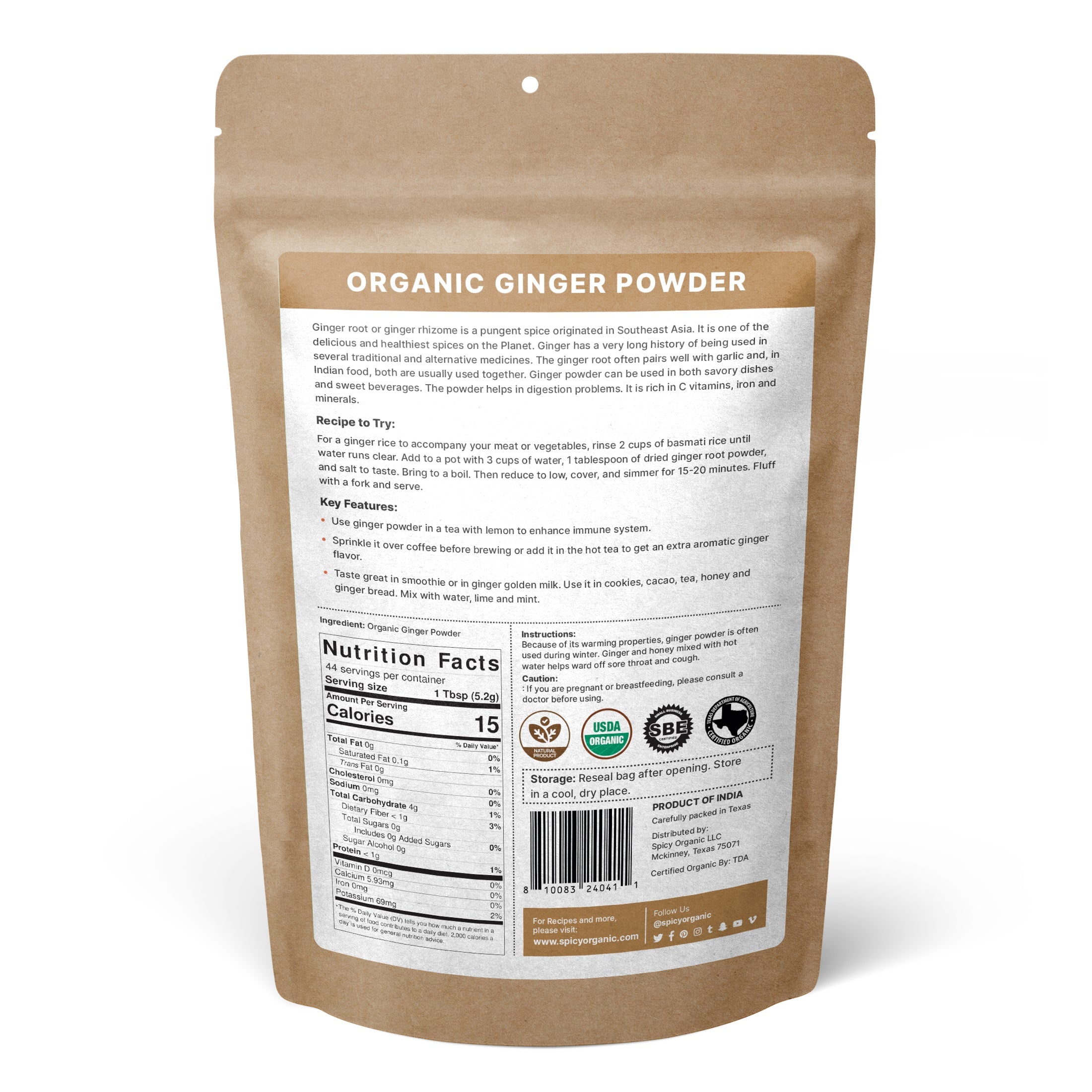 Organic Ginger Powder — USDA Certified, Non-GMO | Chai, Stir-Fries & Gingerbread