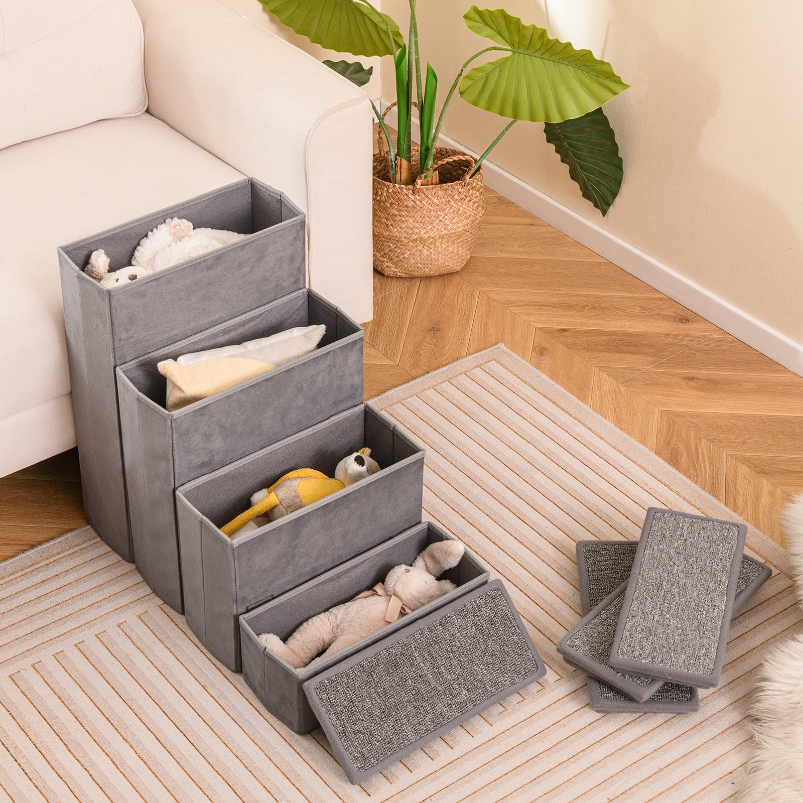 4-Step Dog Stairs Non-slip Foldable Dog Ramp with Adjustable Steps-Grey