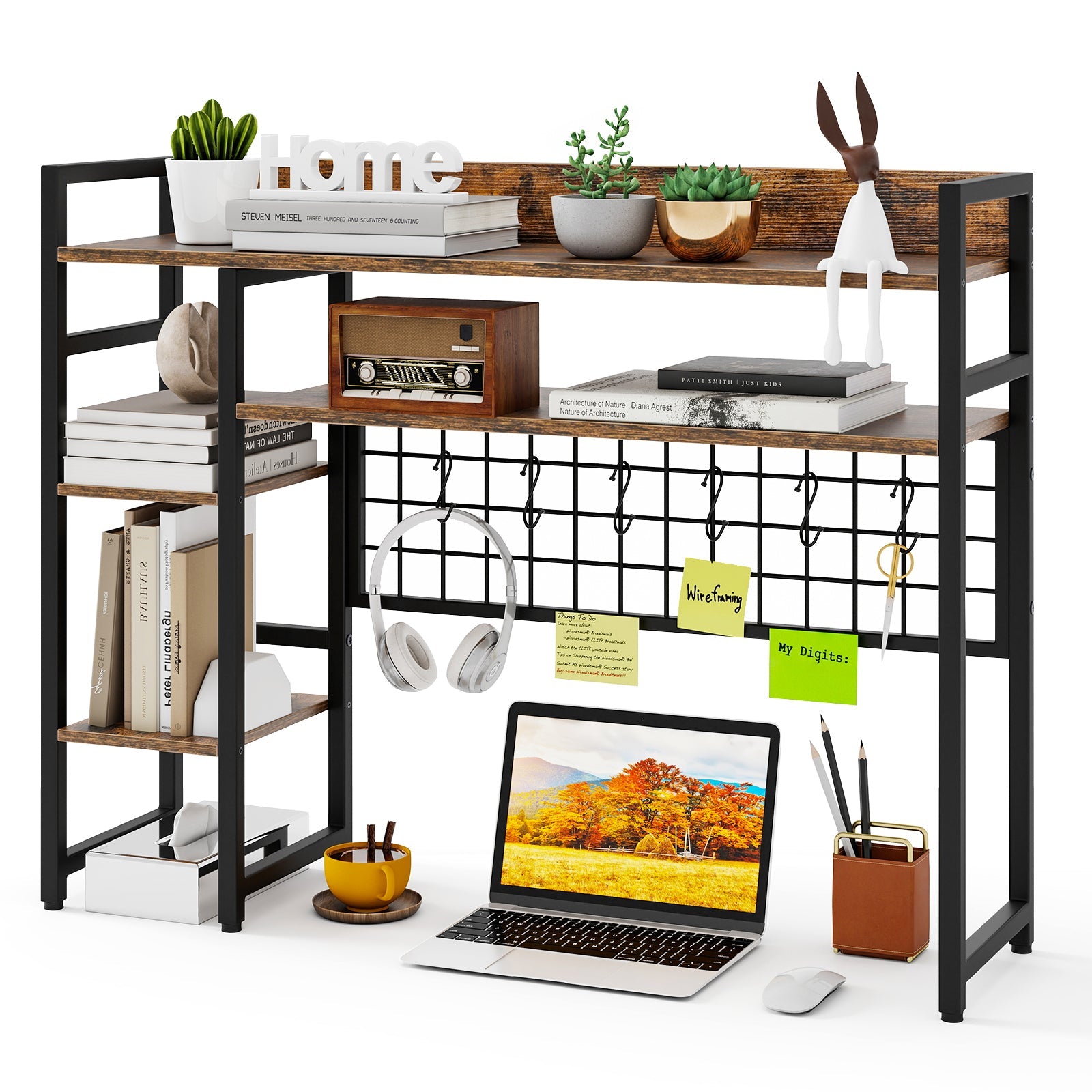 4-Tier Desk Shelf Desktop Display Rack with Metal Grid Panel and 6 Hooks