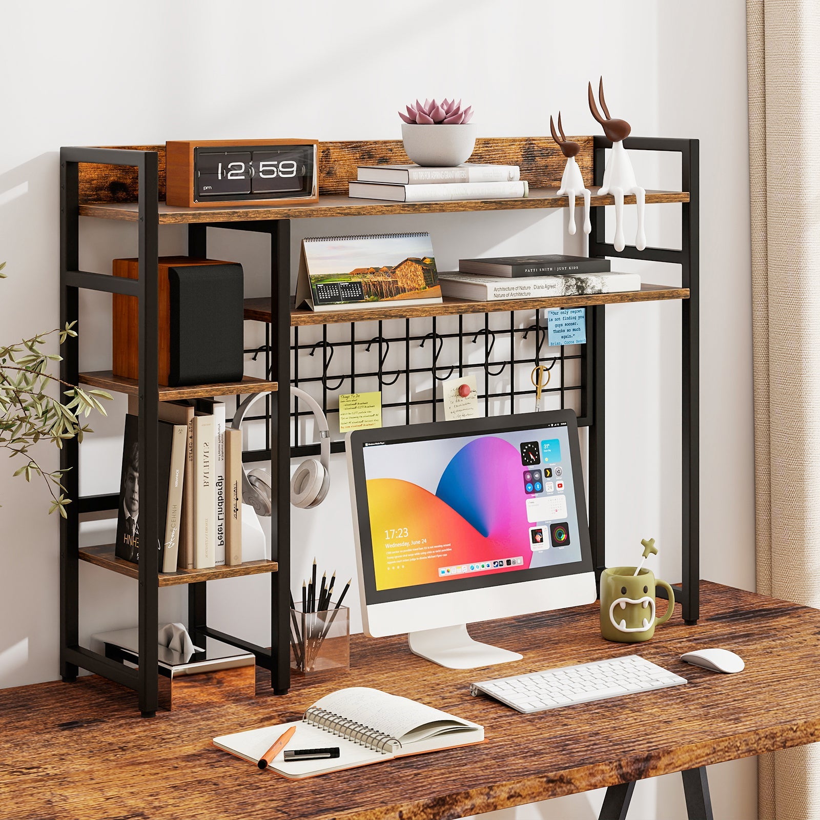 4-Tier Desk Shelf Desktop Display Rack with Metal Grid Panel and 6 Hooks