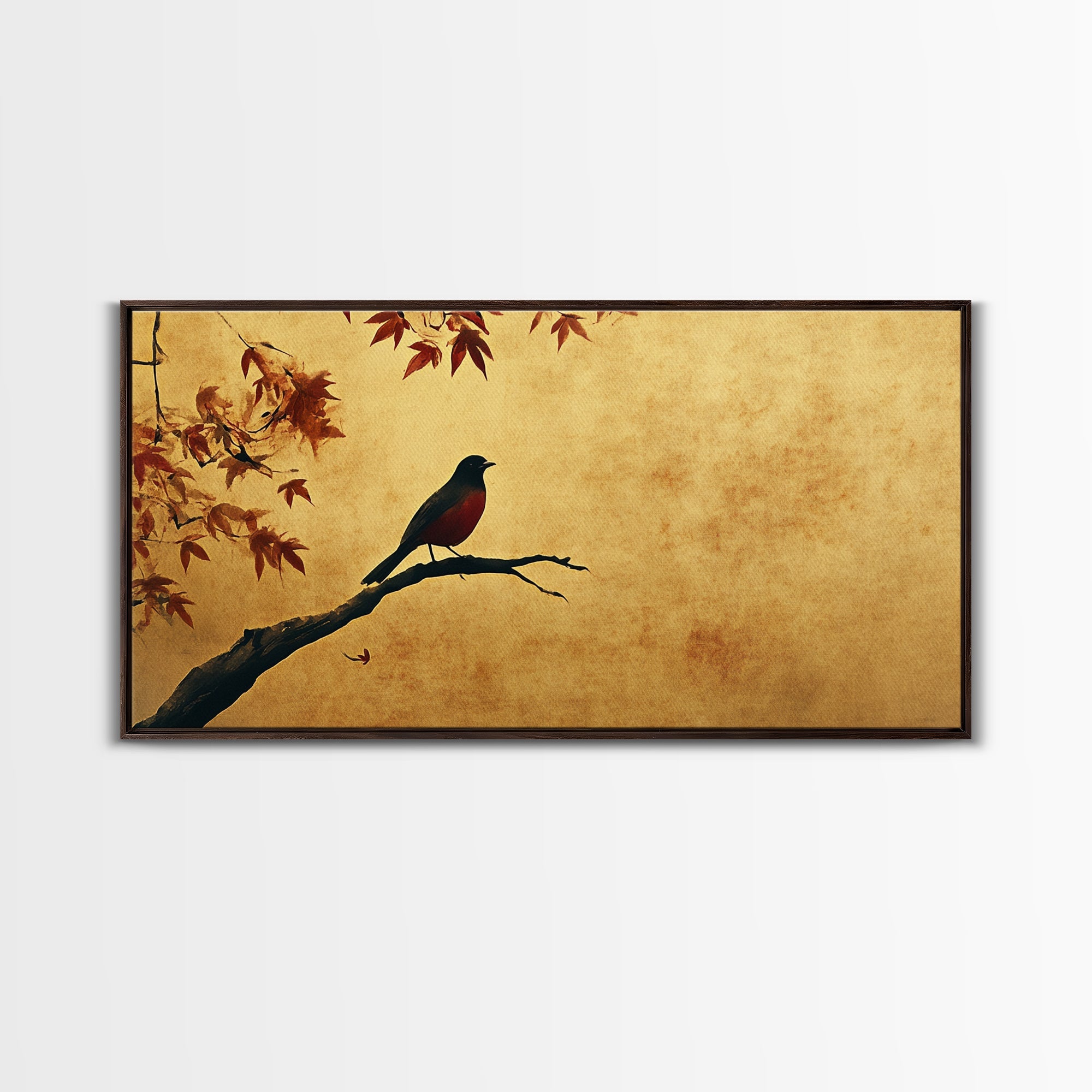 Oriole On a Maple Tree Framed Canvas Print, Vintage Home Decor, Vintage Style Wall Art, Farmhouse Decor, Wabi Sabi Art, Extra Large Art