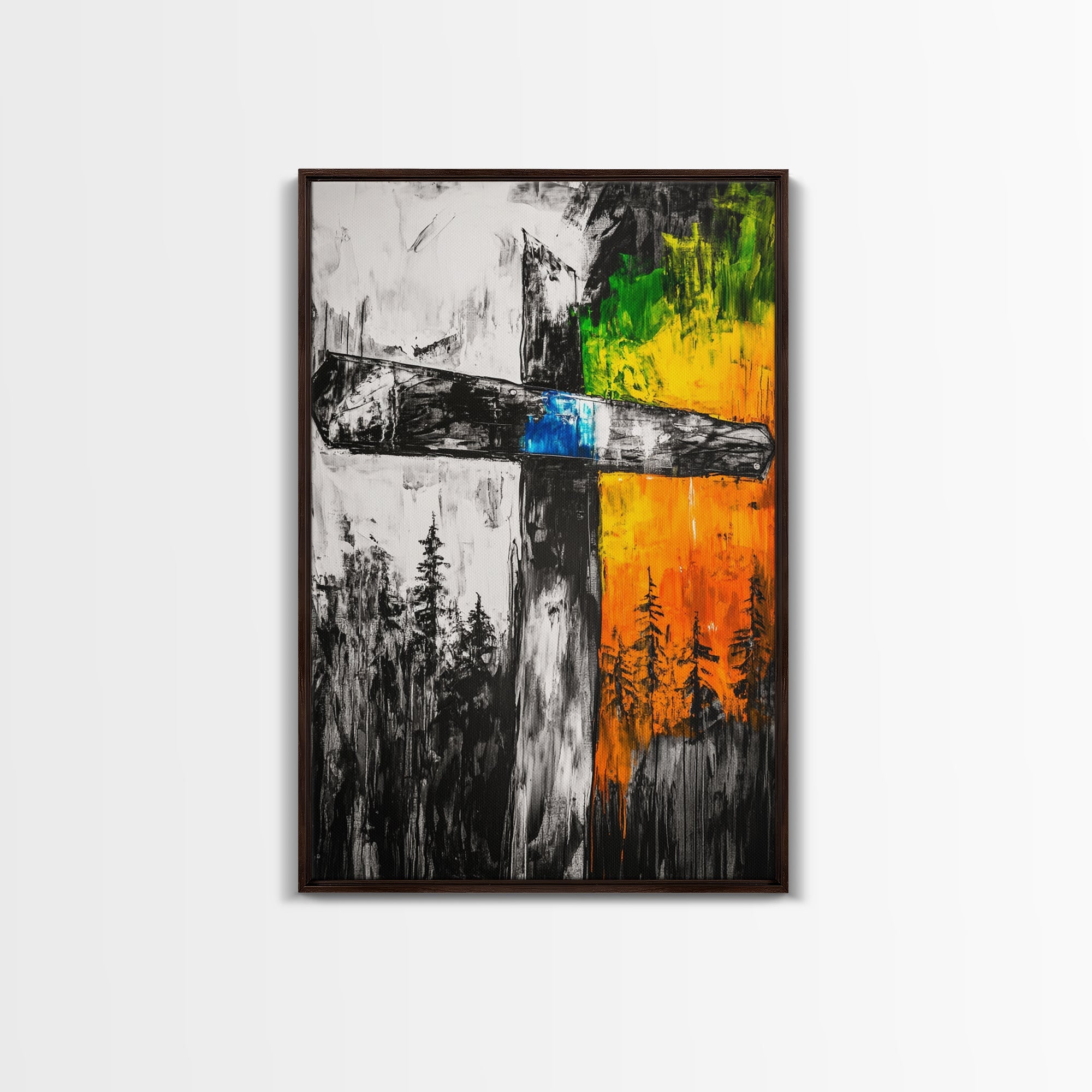 Wooden Cross, Religious Wall Art, Rustic Canvas Print, Faith Inspired, Spiritual Decor, Farmhouse Style, Living Room Art, Bold Colors
