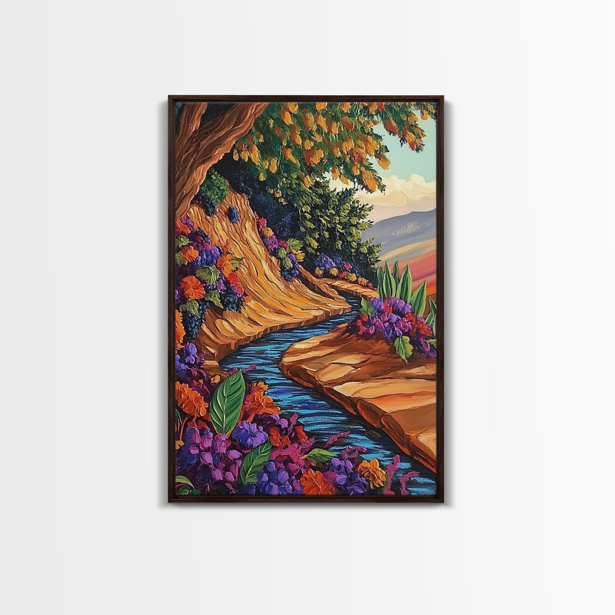 River Autumn, Pathway, Tranquility, Canvas Print, Fall forest landscape art, colorful seasonal painting, living room wall décor